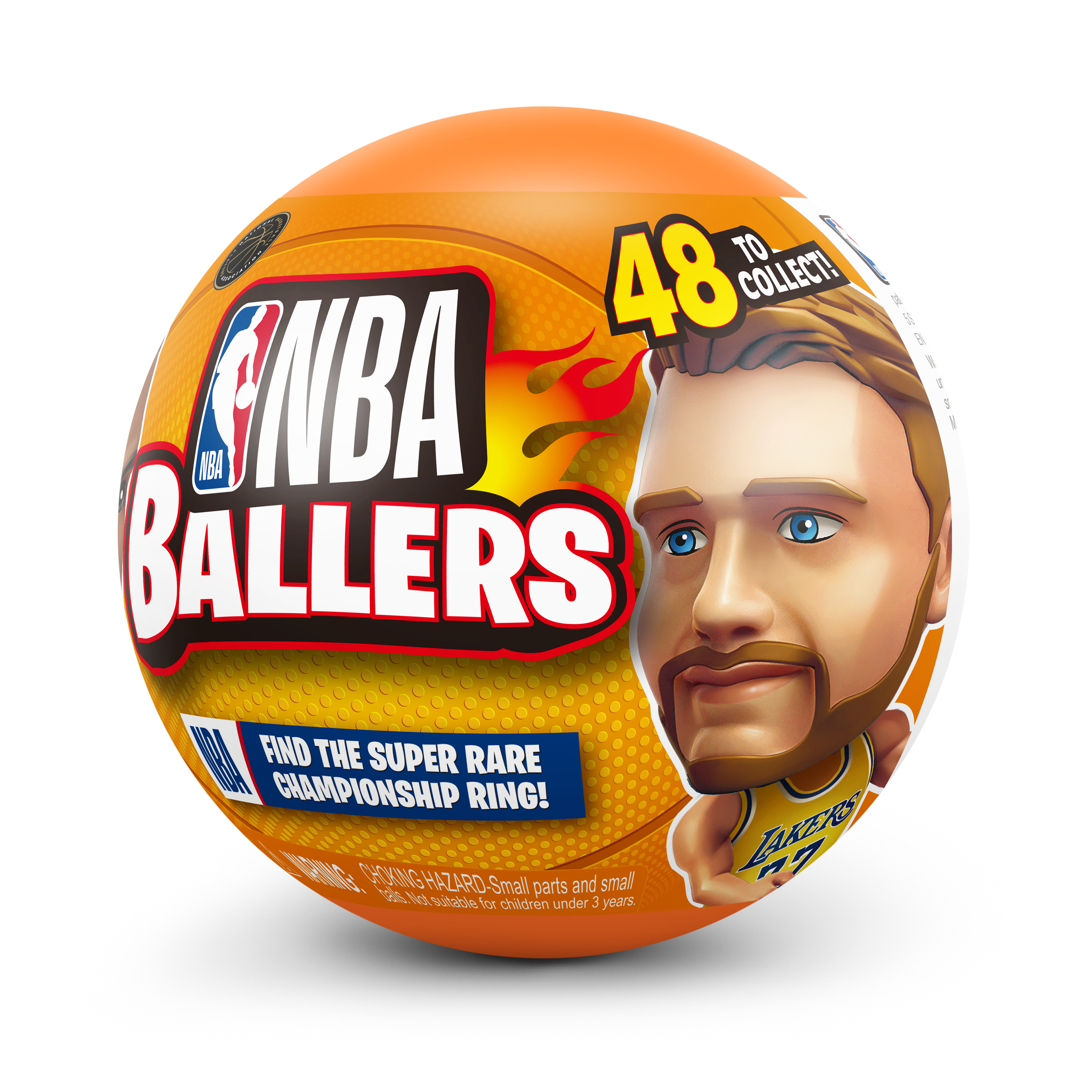 Ein basketballförmiges Paket. Es zeigt das NBA Ballers-Logo, das Gesicht eines Spielers und den Text 'Find the Super Rare Championship Ring!'