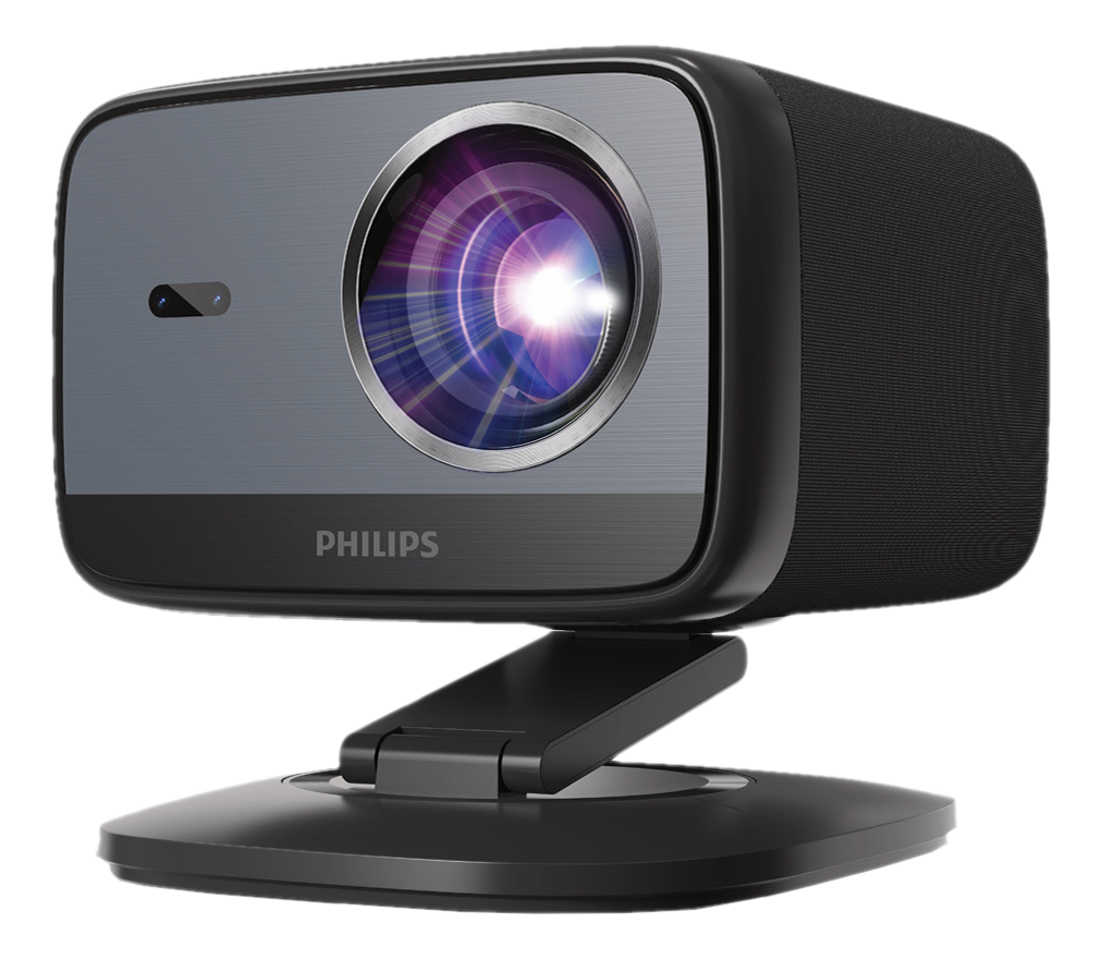 Un projecteur Philips noir et gris, sur un support noir. L'objectif a une lumière vive et le nom de la marque est visible.