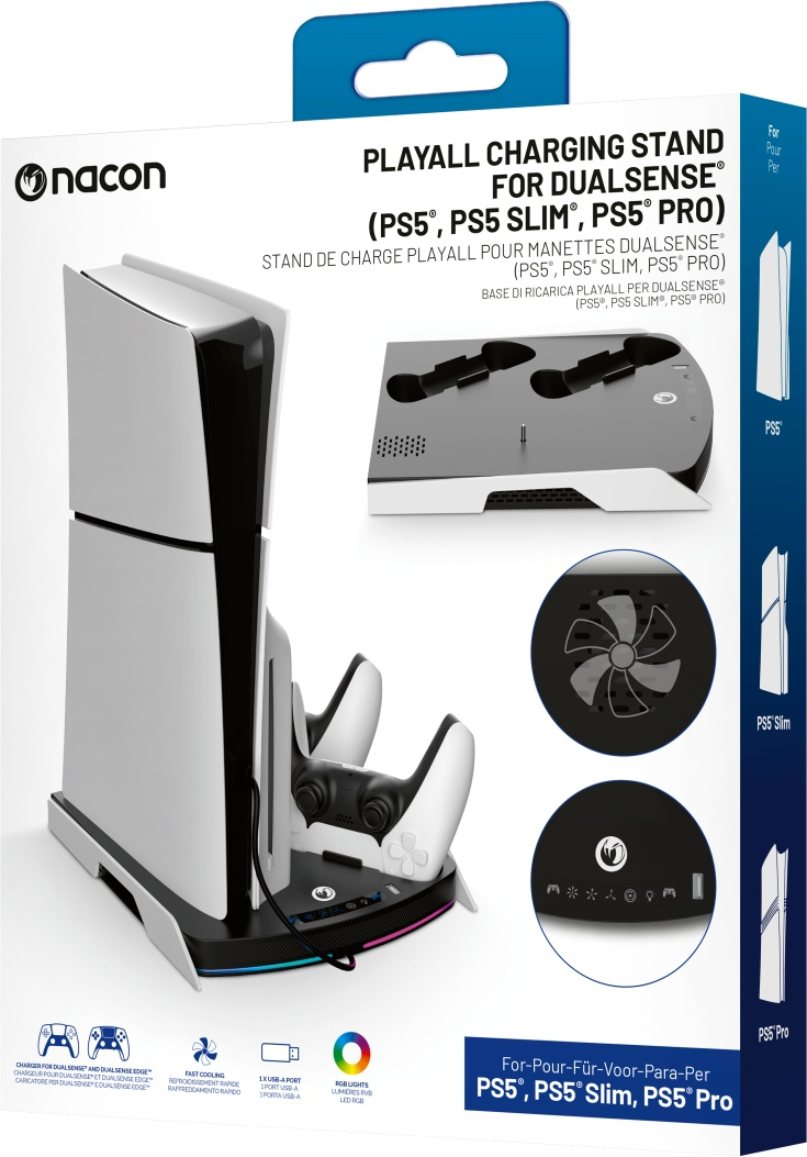Station de charge blanche et noire pour manettes PS5. Comprend un support pour la console et une base.