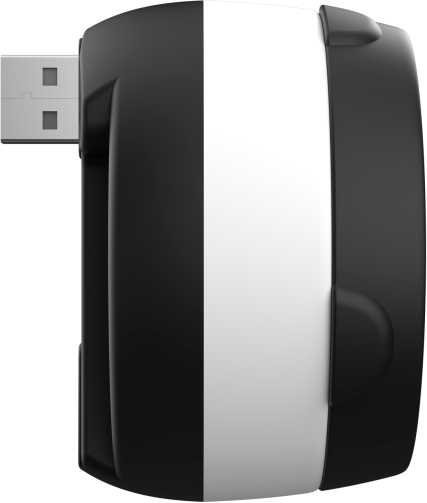 Un appareil USB noir et blanc. Il possède un connecteur USB à gauche, avec un corps blanc et noir.