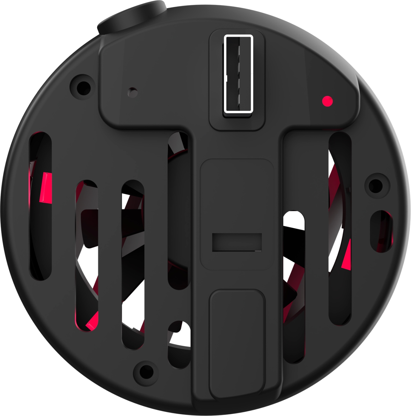 Un appareil noir circulaire avec port USB, lumière rouge et ouverture révélant des composants rouges et noirs. Design géométrique.