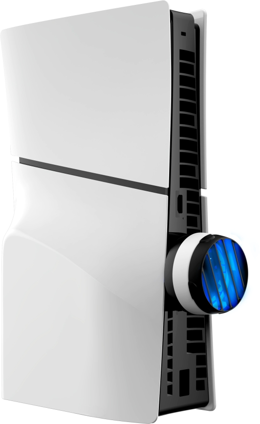 Console de jeu blanche et noire avec ventilateur à lumière bleue. Design élégant avec panneau blanc incurvé et aération noire.