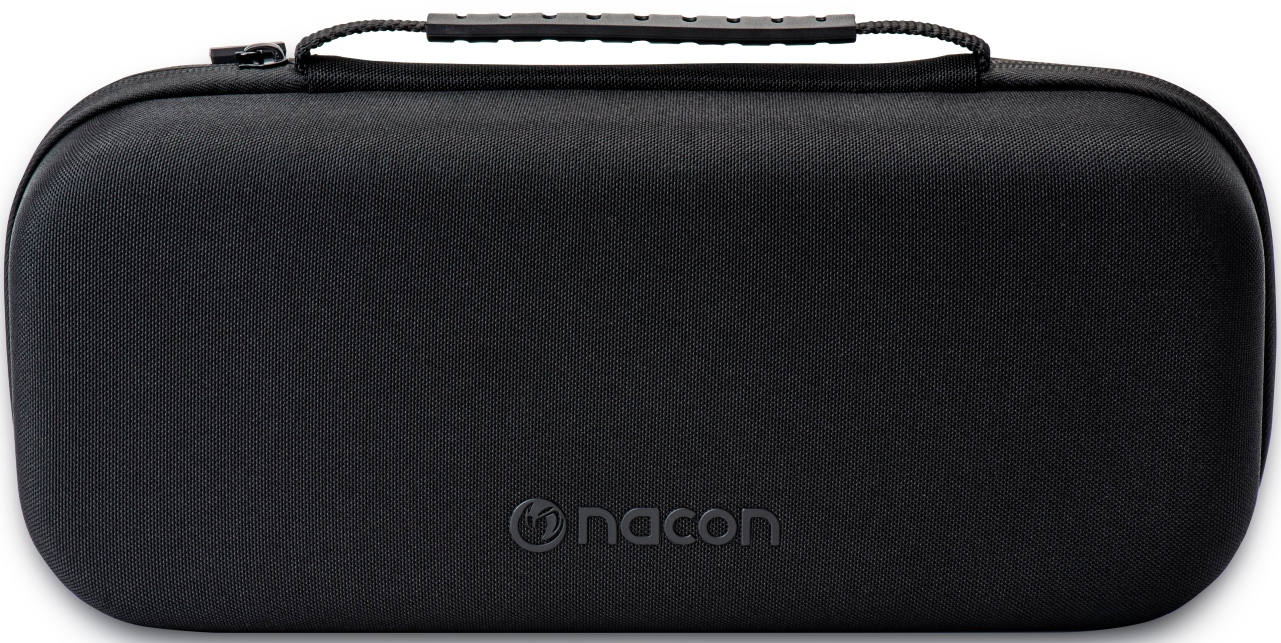 Une mallette de transport noire avec poignée et fermeture éclair. La marque 'nacon' est subtilement embossée.