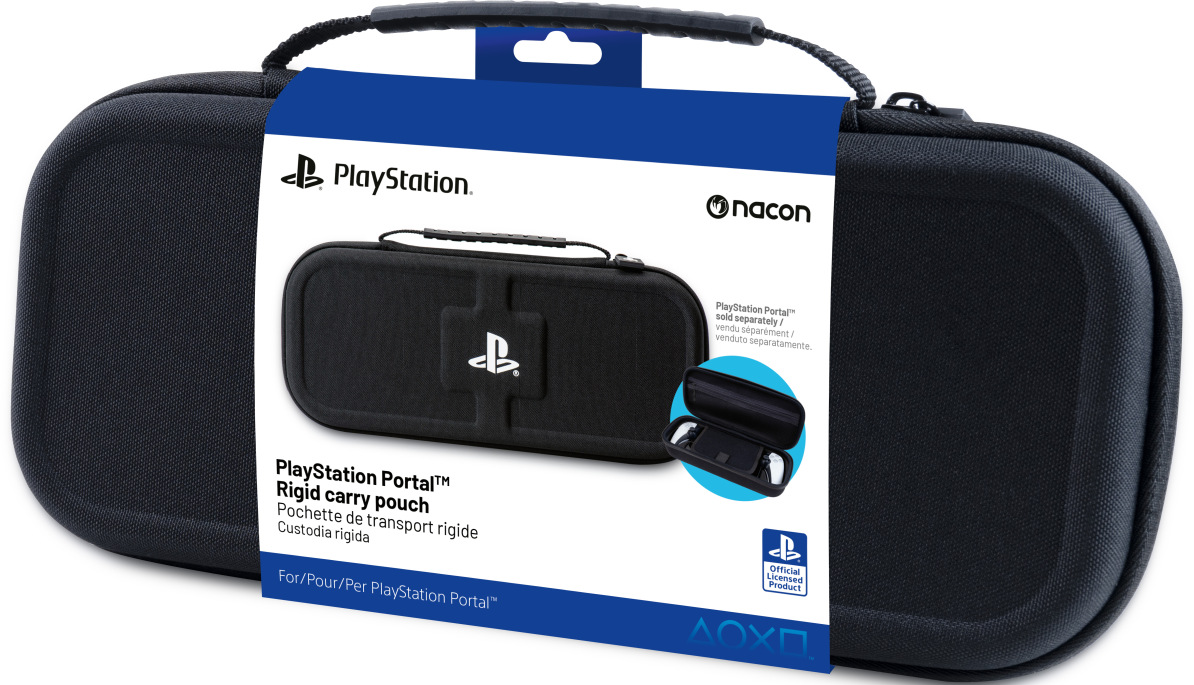 Une pochette de transport noire PlayStation Portal avec le logo PlayStation. Comprend une poignée et des informations sur le produit.