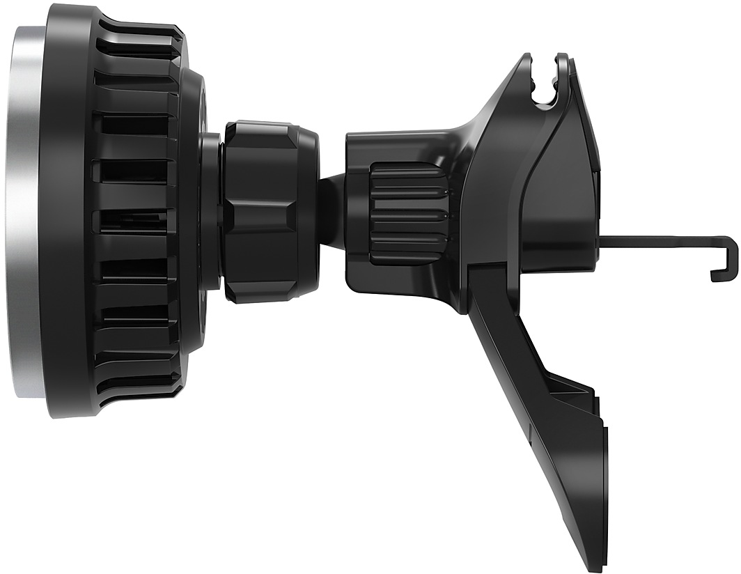 Supporto per telefono auto nero. Ha una parte magnetica rotonda e una clip per attaccarsi alla ventilazione dell'auto. Il supporto è in plastica.