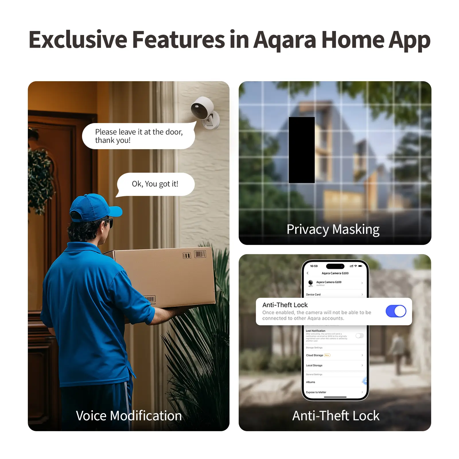 Das Bild zeigt Funktionen der Aqara Home App: Sprachmodifikation, Privatsphärenmaskierung und Diebstahlsicherung. Ein Mann hält eine Box.