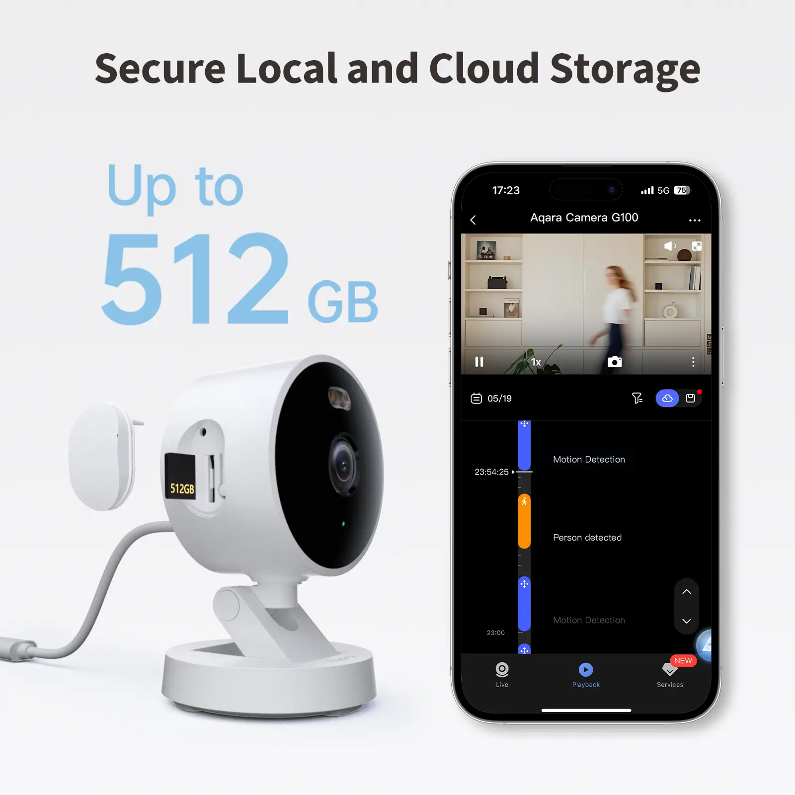 Eine weiße Überwachungskamera mit einem Telefon, das einen Live-Video-Feed anzeigt. Text: Sicherer lokaler & Cloud-Speicher, bis zu 512 GB.