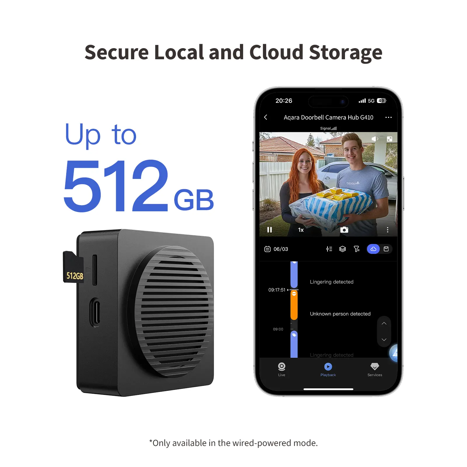 Das Bild zeigt einen Türklingelkamera-Hub mit einem Telefonbildschirm, der einen Video-Feed und Speicherdetails anzeigt.