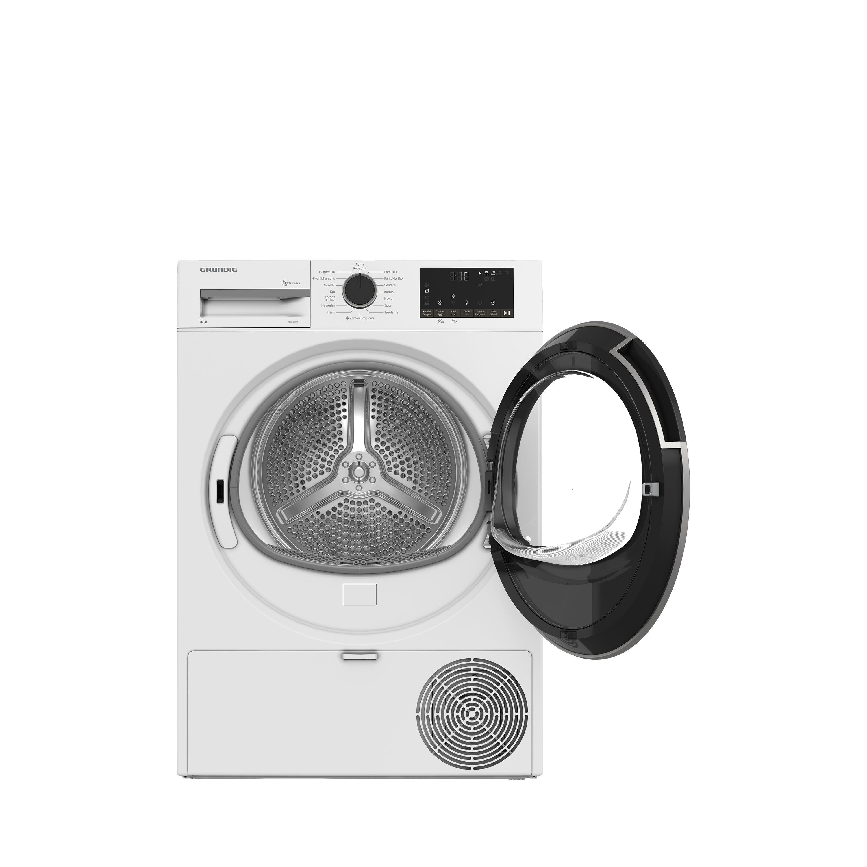 Kapısı açık beyaz bir Grundig kurutma makinesi. Kontroller görünür. Tambur metalik.