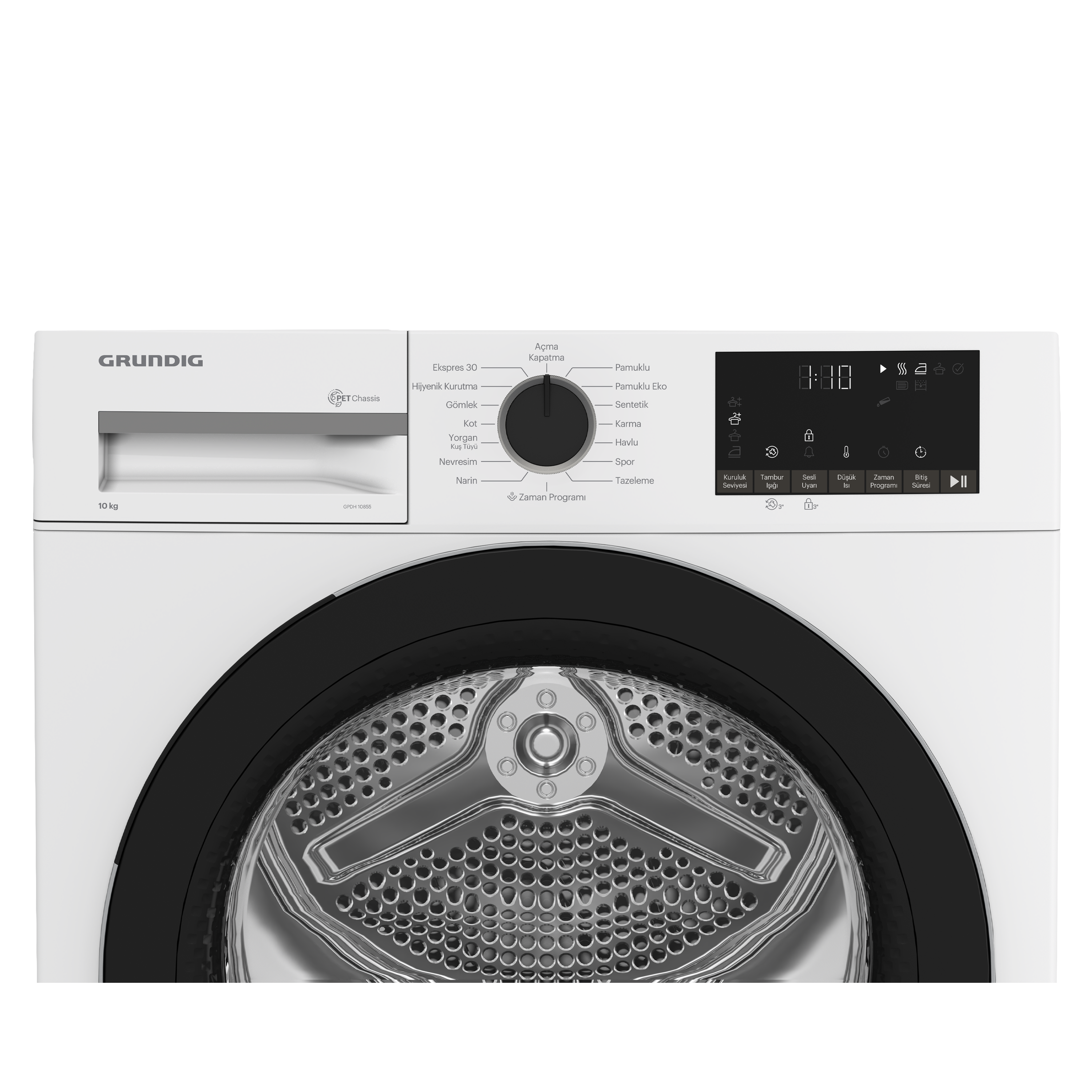 Beyaz bir Grundig kurutucu. Ayarları içeren bir kontrol paneli, dijital ekran ve paslanmaz çelik tambur içerir.