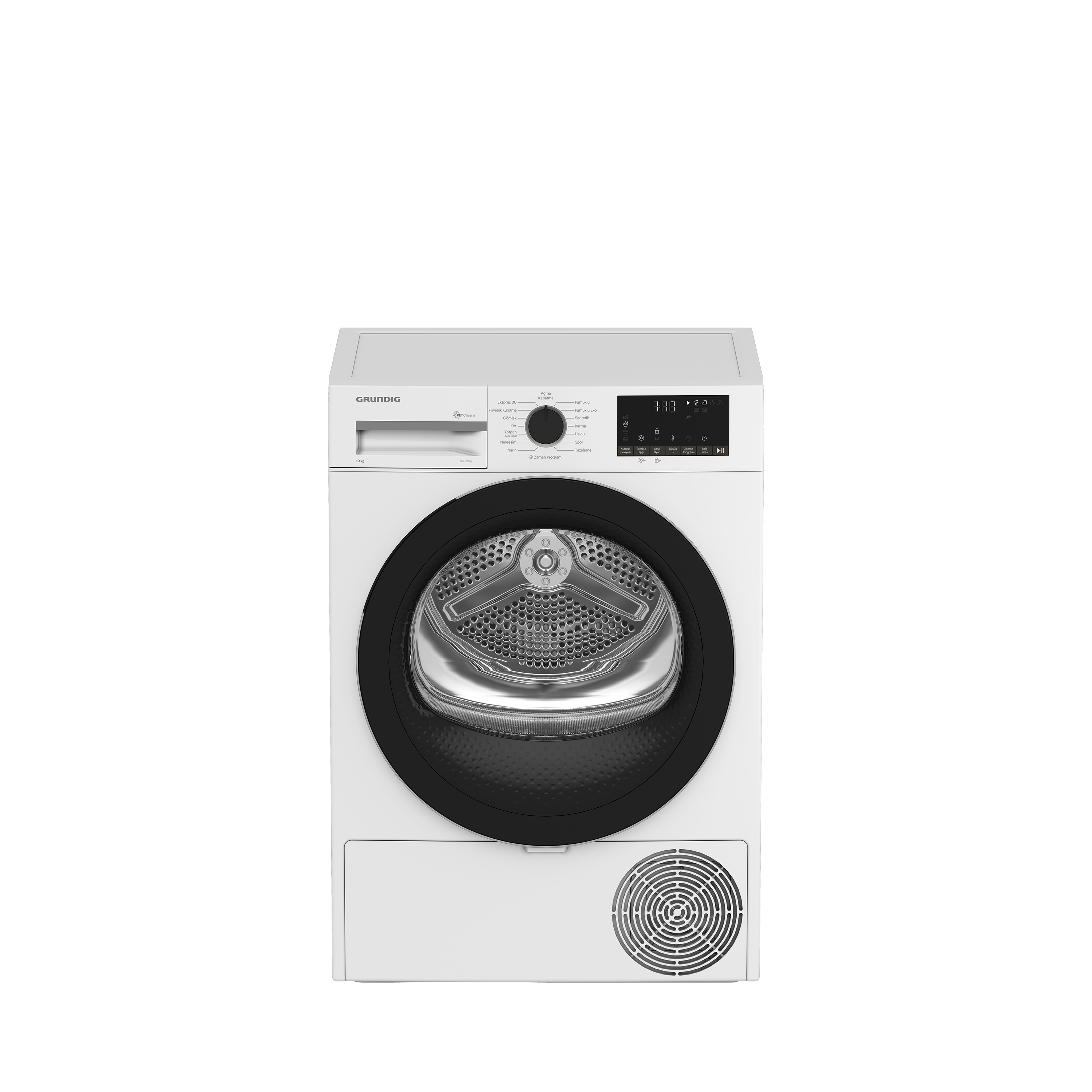 Beyaz Grundig kurutucu. Siyah kapısı, kontrol paneli ve fanı var. Dijital ekran 1:10 gösteriyor.