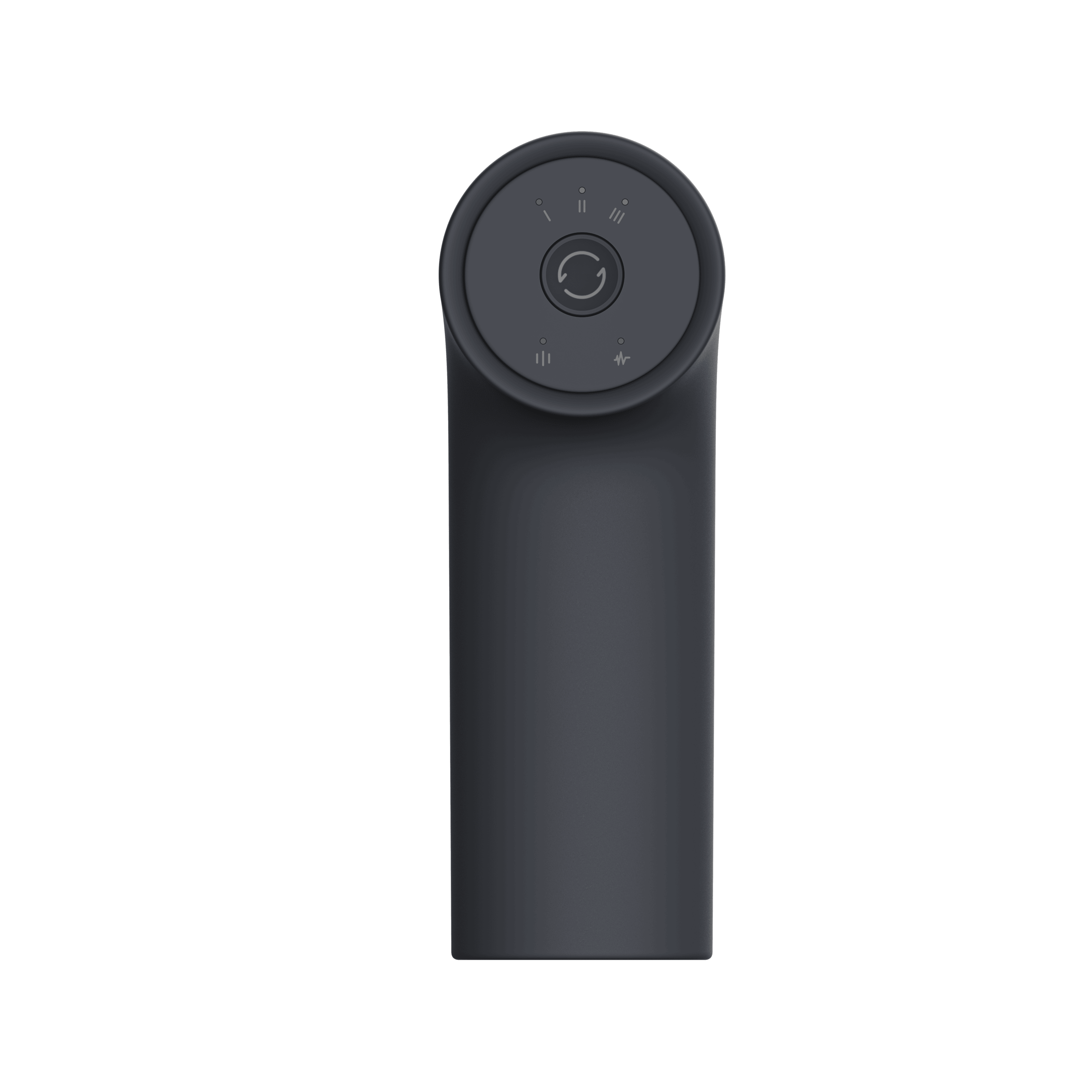 Sötétszürke hengeres eszköz fekete háttéren. A tetején vezérlőgombok és jelzők találhatók. Az eszköz függőleges.
