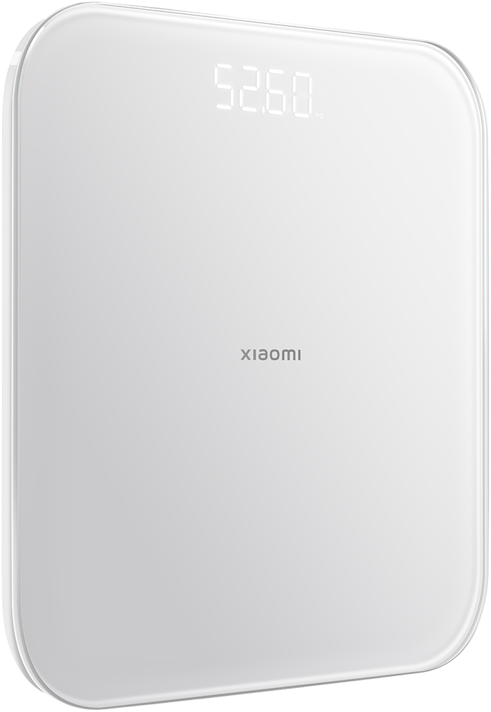 Egy fehér Xiaomi okosmérleg 52,60 kg-ot mutat. A Xiaomi logó látható. A mérleg szögletes, lekerekített sarkokkal.