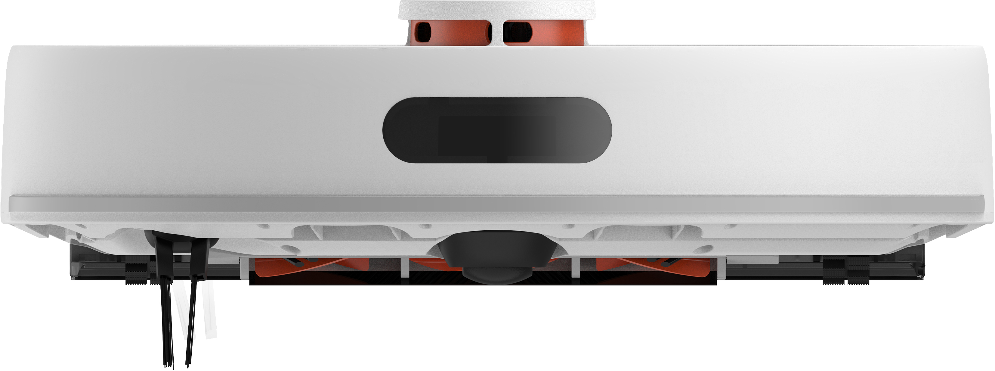 Robot porszívó, fehér test fekete és narancssárga részletekkel. Kefék, kamera és portartály található rajta.