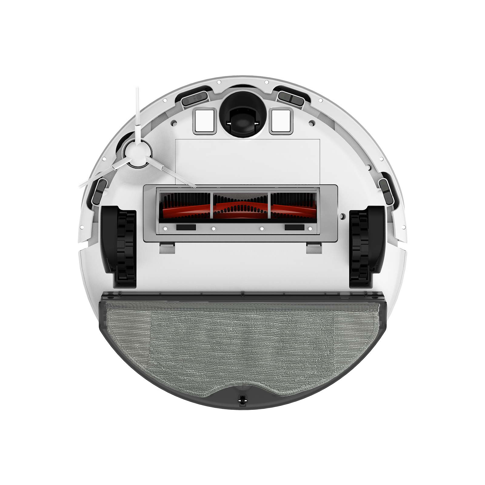 Felülnézet egy robot porszívóról. Fehér teste, fekete kerekei és szürke tisztítópárnája van.