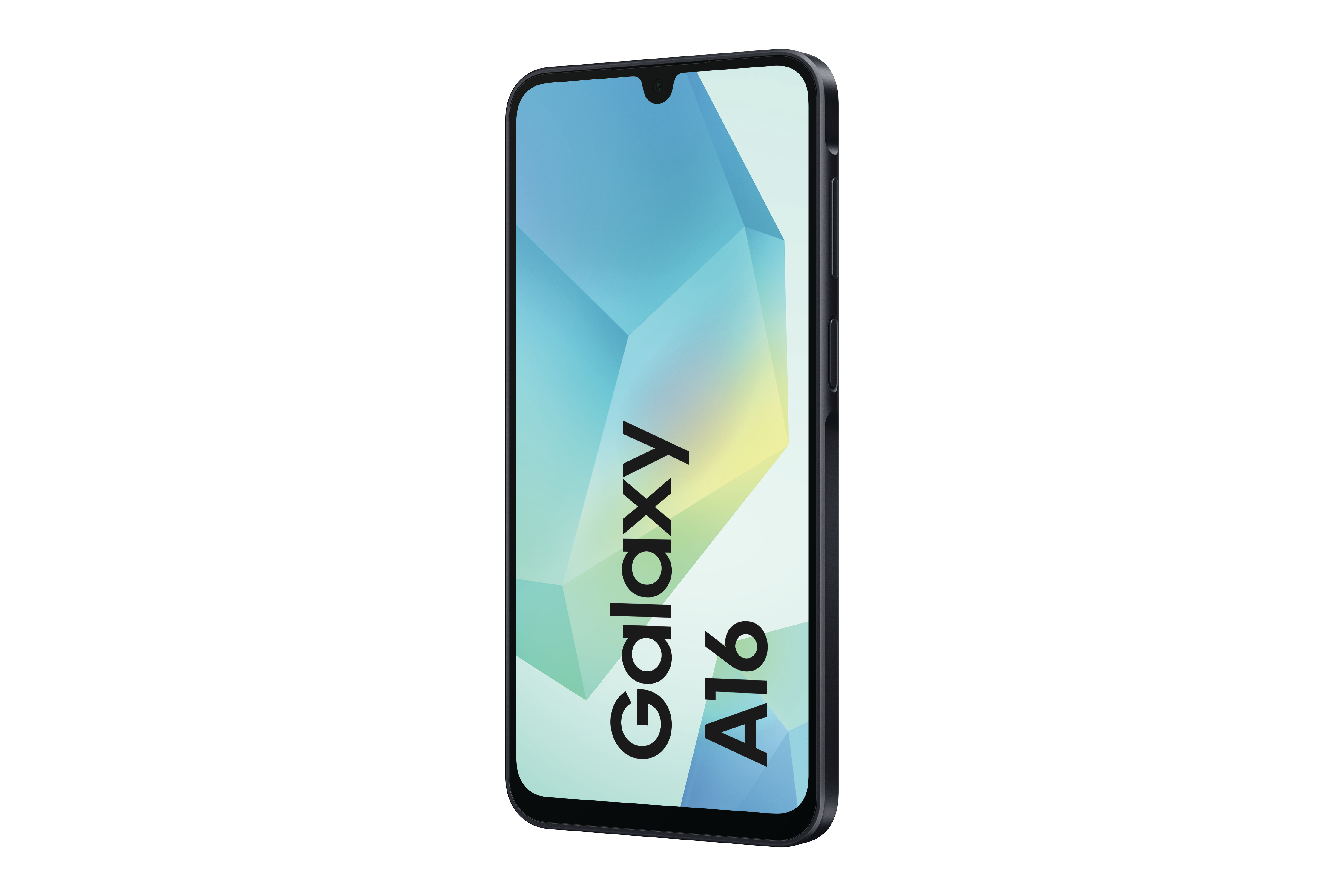 Ein schwarzes Samsung Galaxy A16-Smartphone. Der Bildschirm zeigt ein blau-weißes abstraktes Design. Das Telefon steht auf weißem Hintergrund.