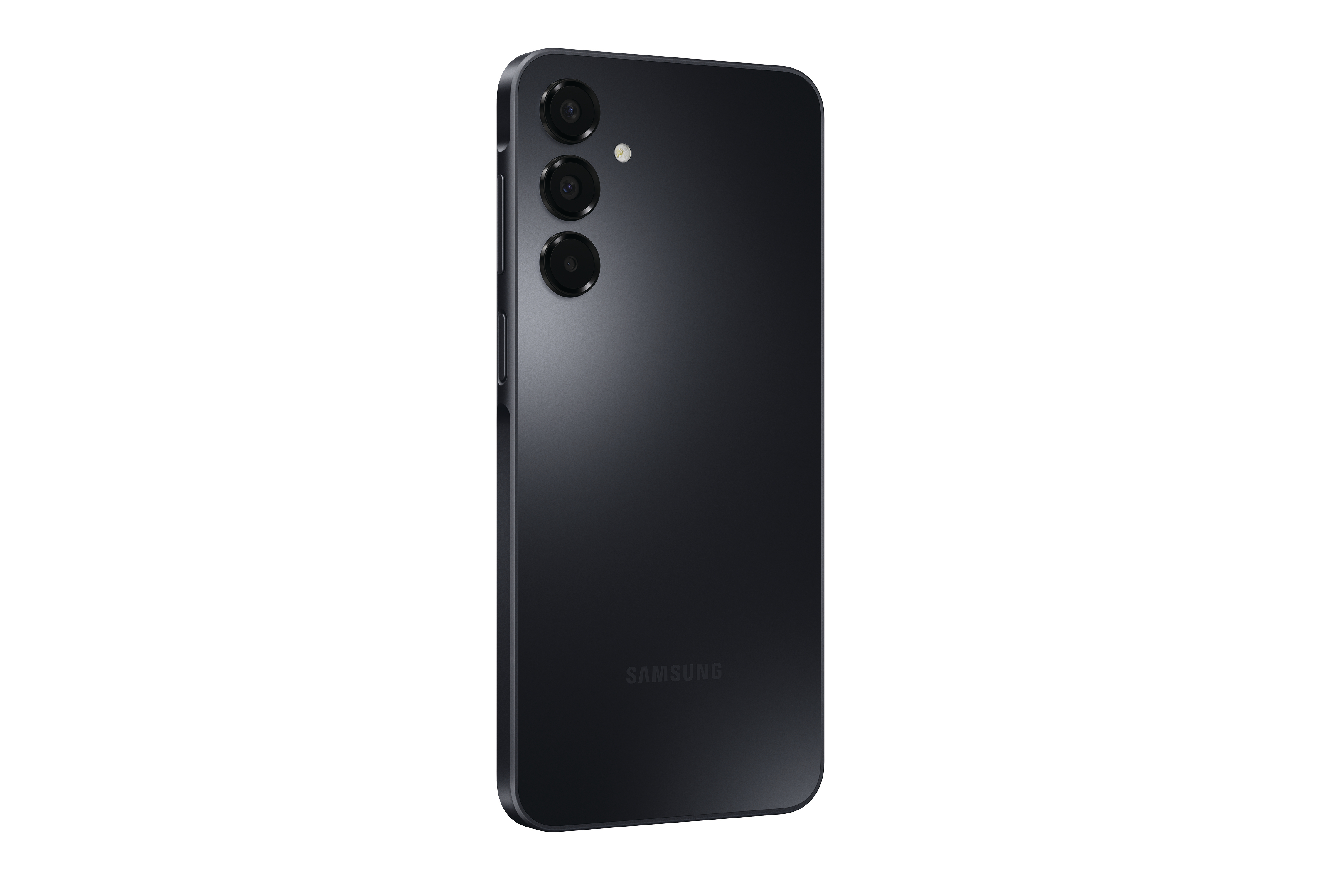 Rückseite eines schwarzen Smartphones. Es hat drei Kameralinsen, ein Samsung-Logo und eine glänzende Oberfläche.