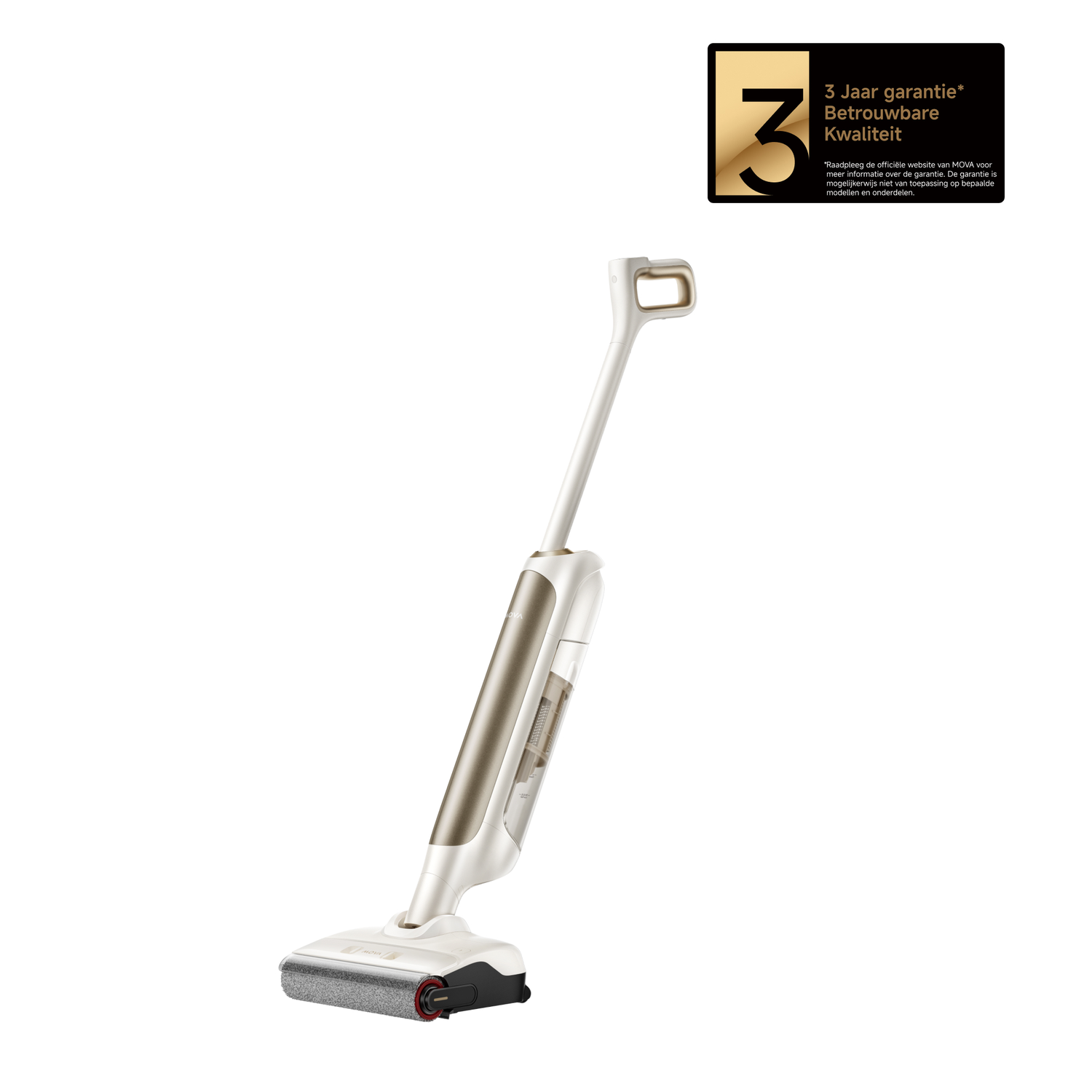 A white and gold cordless vacuum cleaner. It has a roller head and a handle. A black label with text is in the upper right corner.