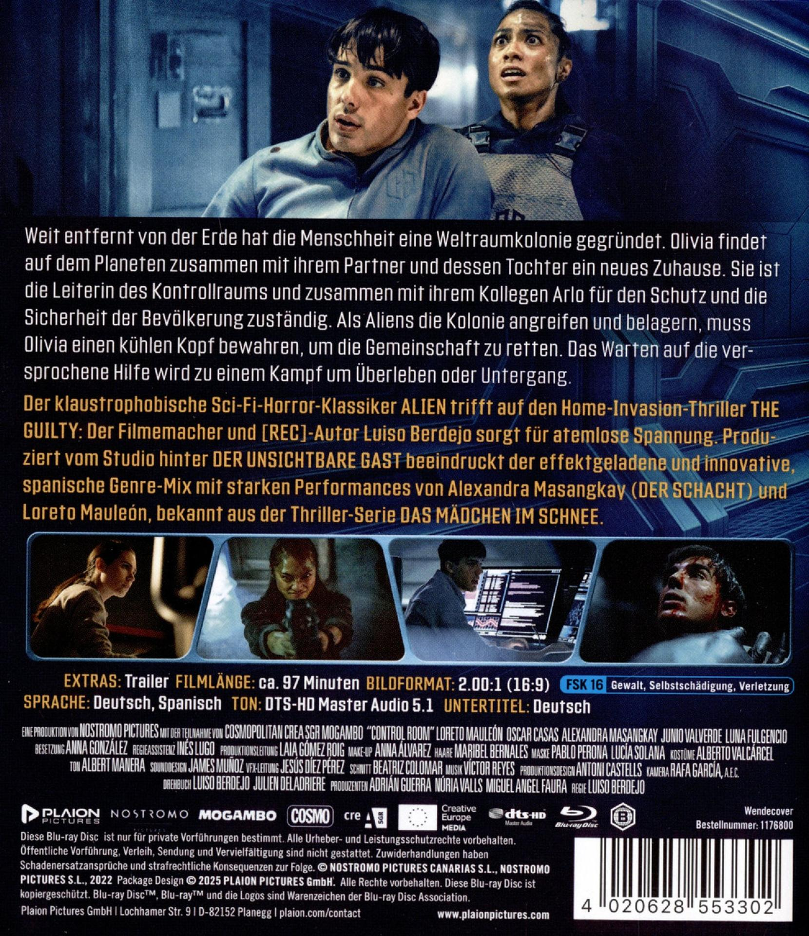 Filmposter mit zwei Personen. Ein Mann und eine Frau sehen besorgt aus. Text über einen Sci-Fi-Thriller steht oben.