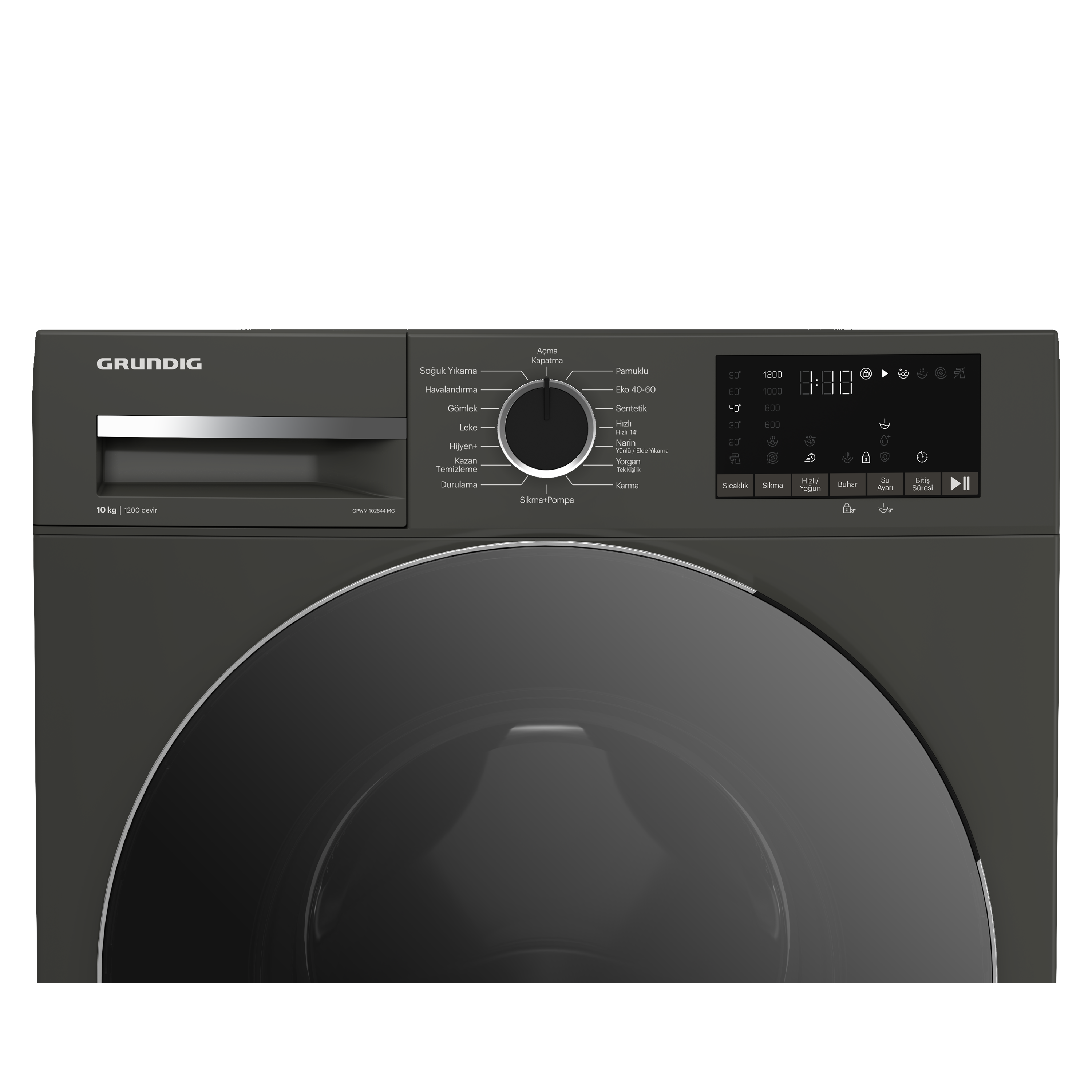 Koyu gri Grundig çamaşır makinesi, kontrol paneli, büyük dairesel kapı ve çeşitli düğmeler.