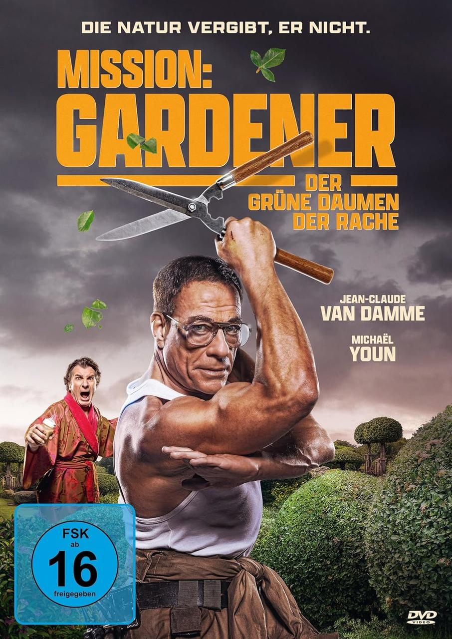 Filmplakat zeigt Jean-Claude Van Damme mit einer Schere. Titel: Mission: Gardener. Eine weitere Person ist hinter ihm zu sehen.