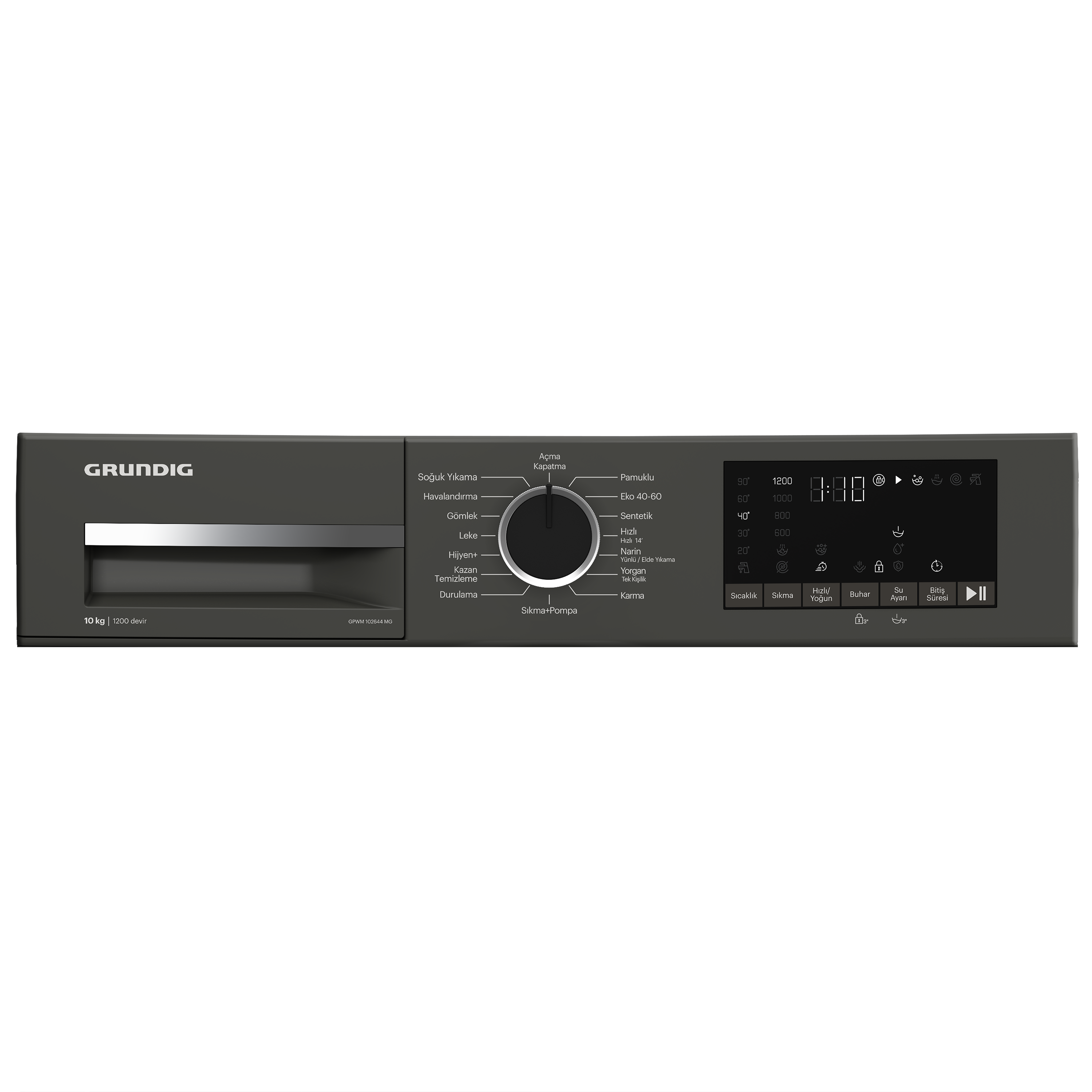 Koyu gri Grundig çamaşır makinesi kontrol paneli, kadran, dijital ekran ve çeşitli fonksiyon tuşları.