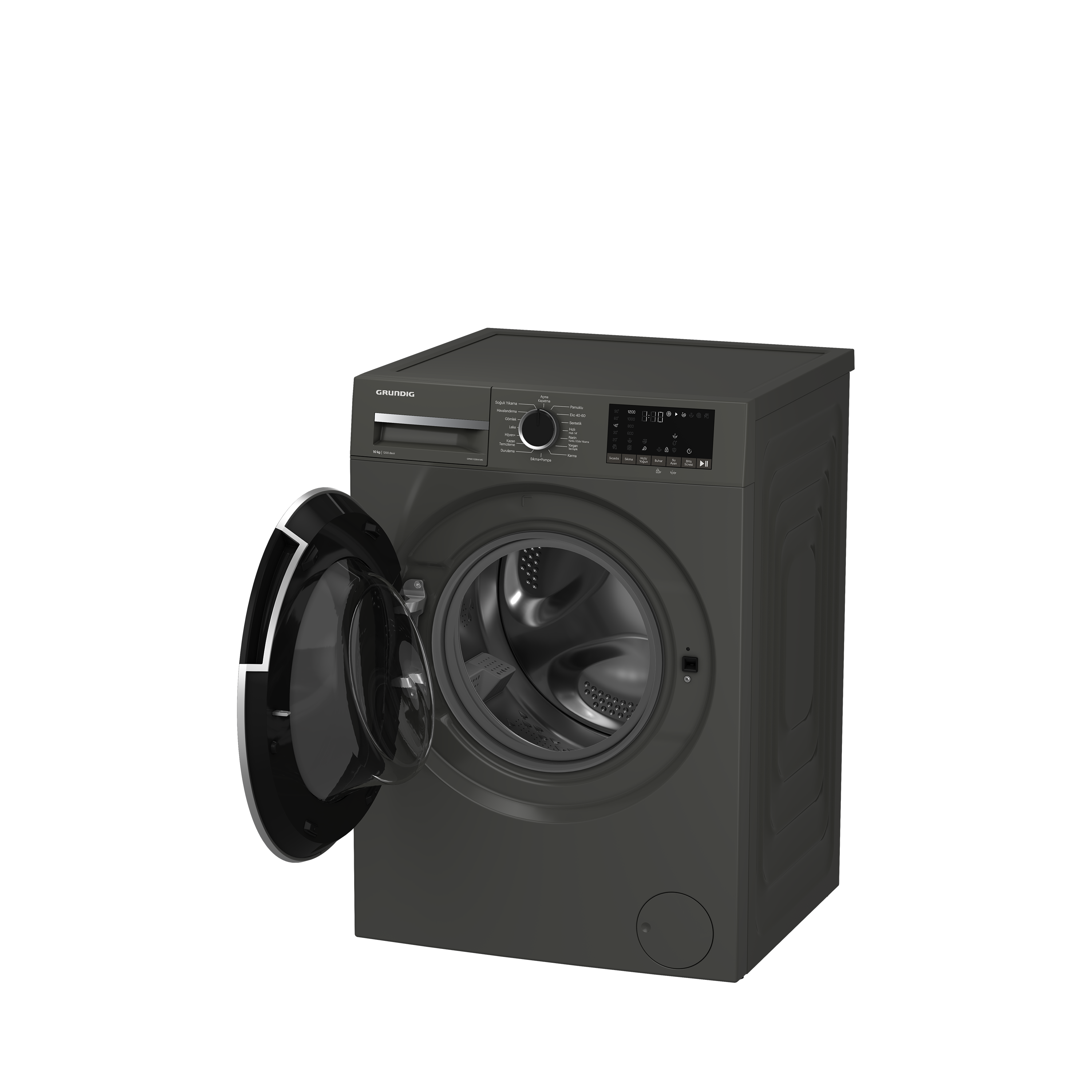 Siyah arka planda açık kapılı, koyu gri Grundig çamaşır makinesi. Kontroller ve dijital ekran görünür.