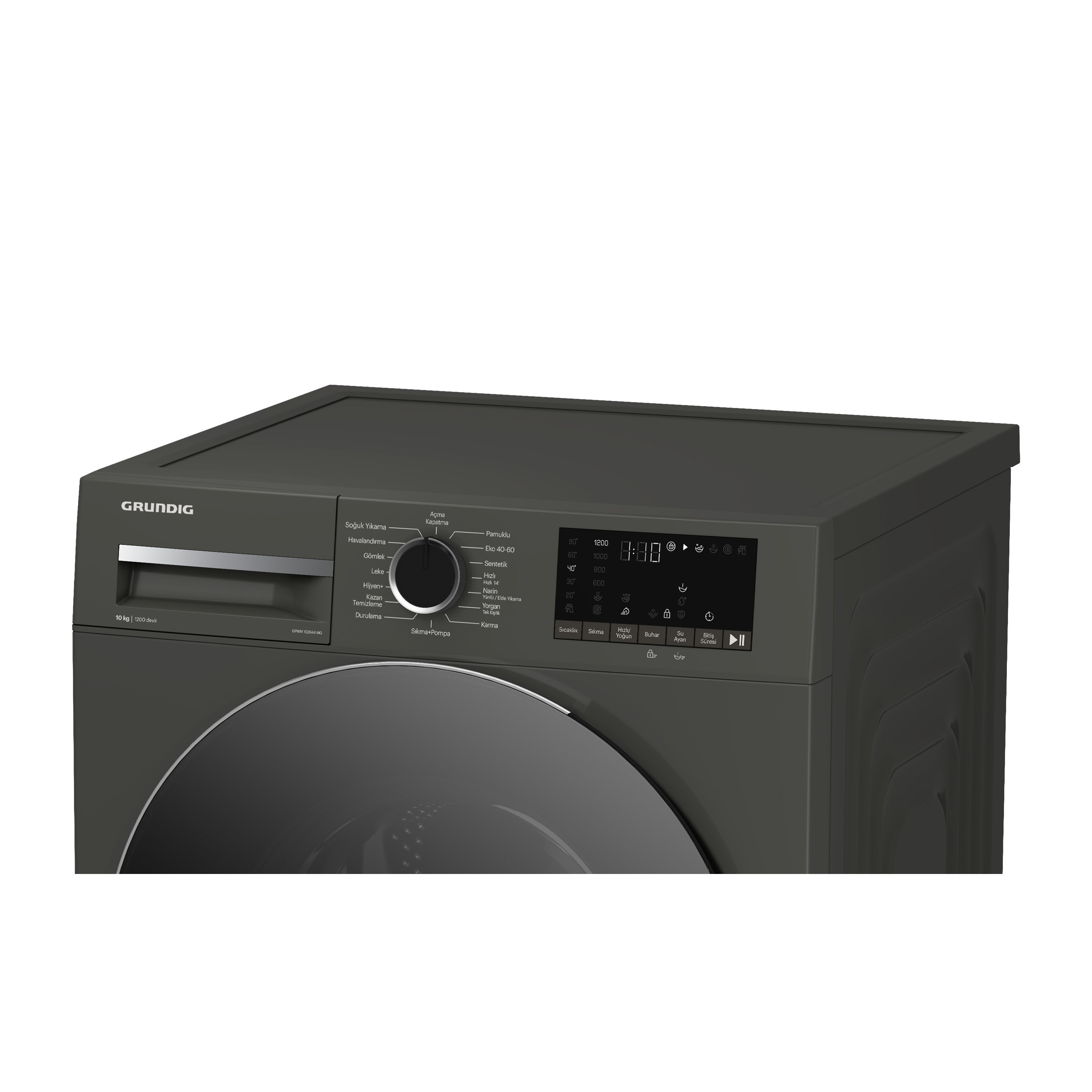 Koyu gri Grundig çamaşır makinesi, kontrol paneli ve dijital ekran, kapı kapalı.
