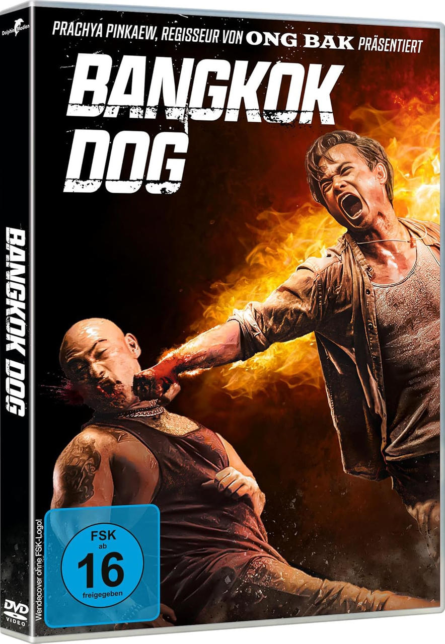 Filmposter. Zwei Männer kämpfen. Einer schlägt den anderen, der blutet. Flammen im Hintergrund. Titel: Bangkok Dog.