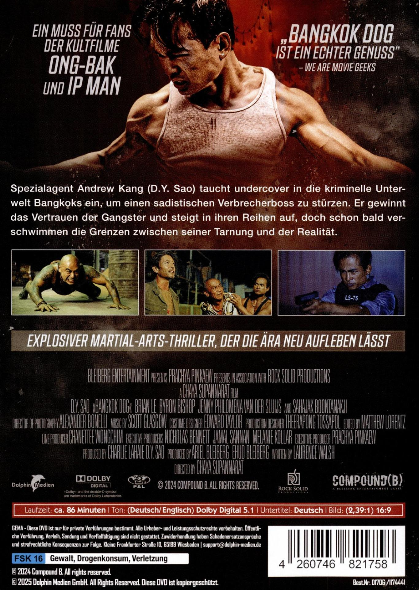 DVD-Cover. Mann, Titel 'Bangkok Dog'. Text beschreibt Agenten in Bangkok. Bilder von Actionszenen sind vorhanden.