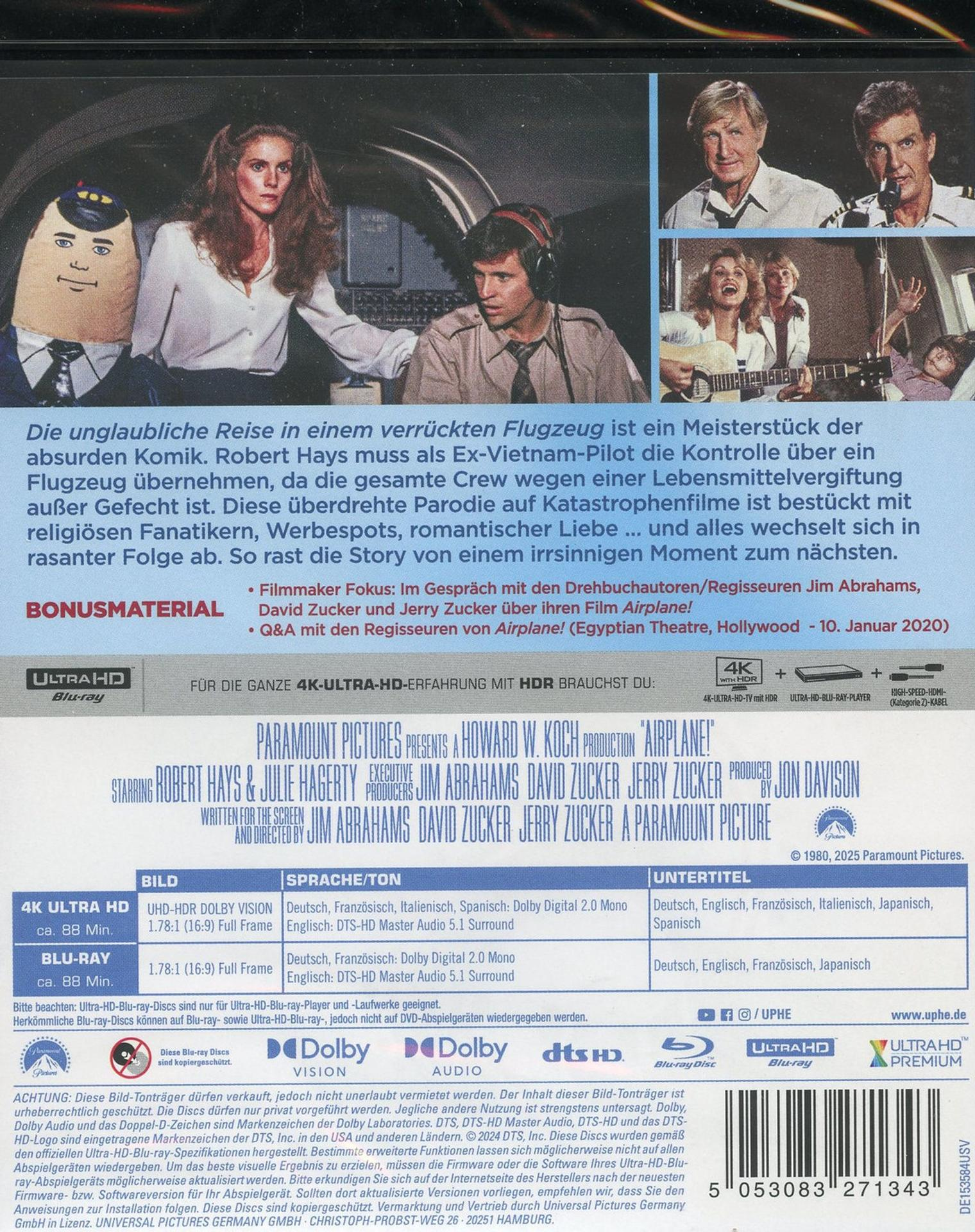 Filmplakat mit Schauspielern, Text und einem Flugzeugbild. Es ist eine Blu-ray Disc.