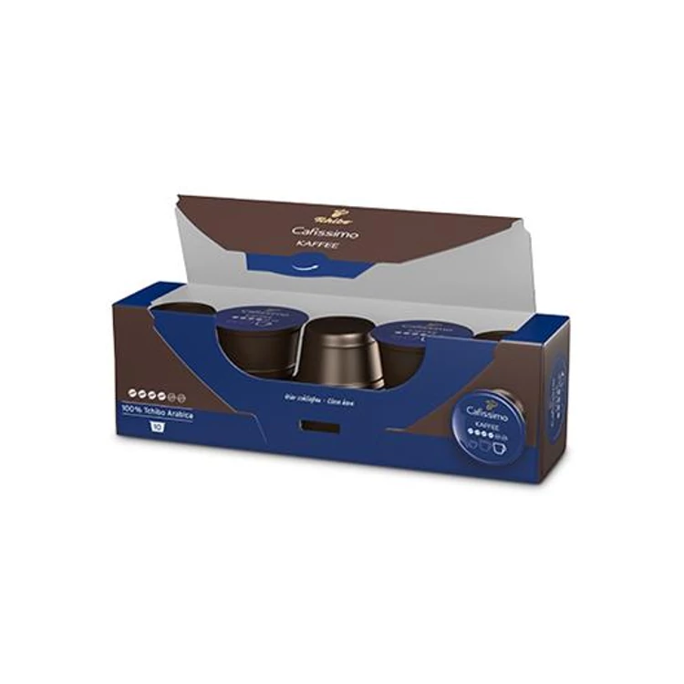 Pudełko kapsułek do kawy Tchibo Cafissimo. Pudełko jest brązowo-niebieskie, z widoczną marką. Kapsułki znajdują się w środku.