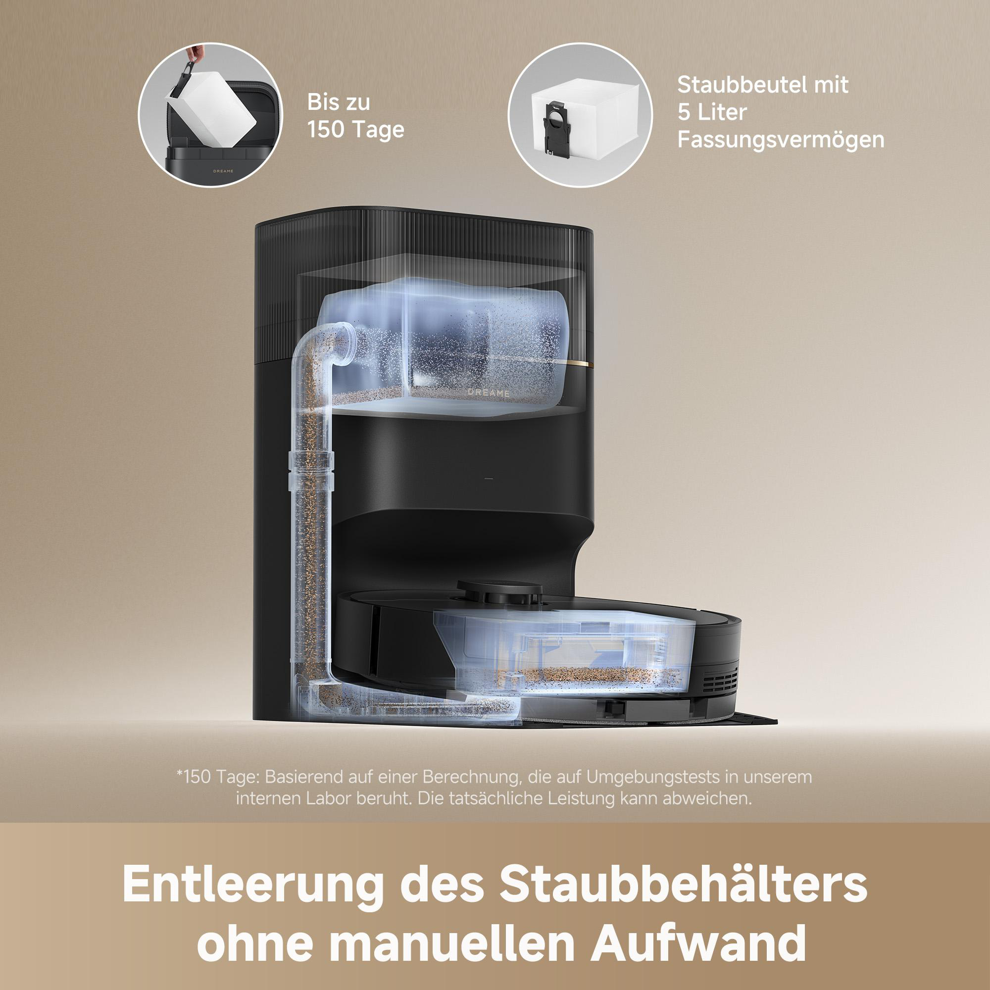 Ein schwarzer Roboter-Staubsauger mit transparentem Staubbehälter. Text auf Deutsch zur Staubbeutelkapazität.