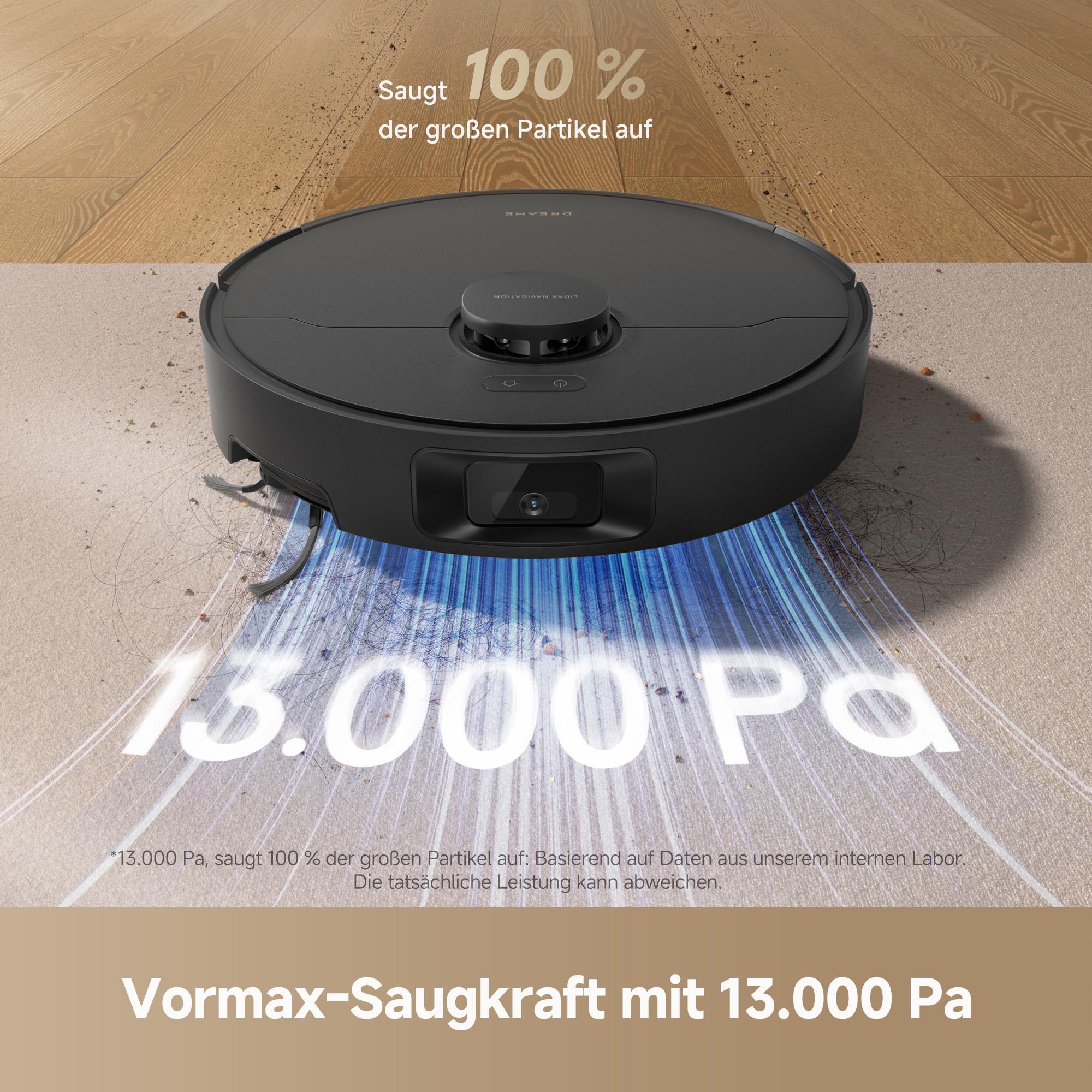 Ein schwarzer Roboter-Staubsauger auf hellem Teppich. Er zeigt die Saugkraft mit 13.000 Pa an.