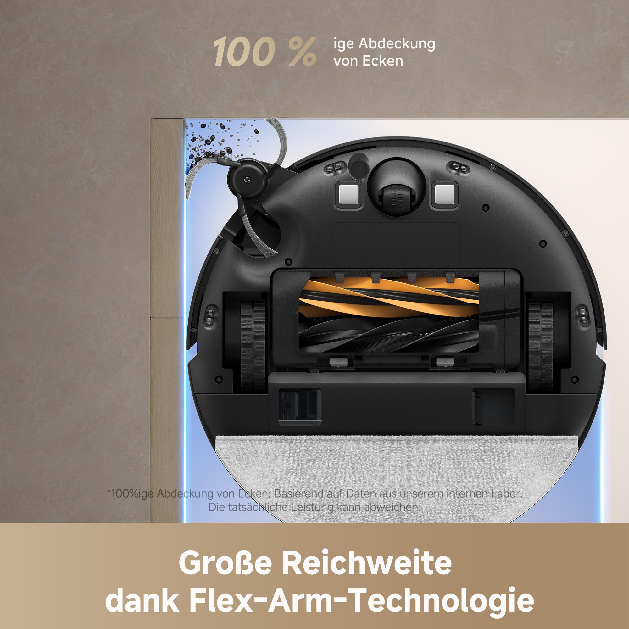 Schwarzer Roboter-Staubsauger mit orangefarbener Bürste und Text, der 100% Eckabdeckung anzeigt.