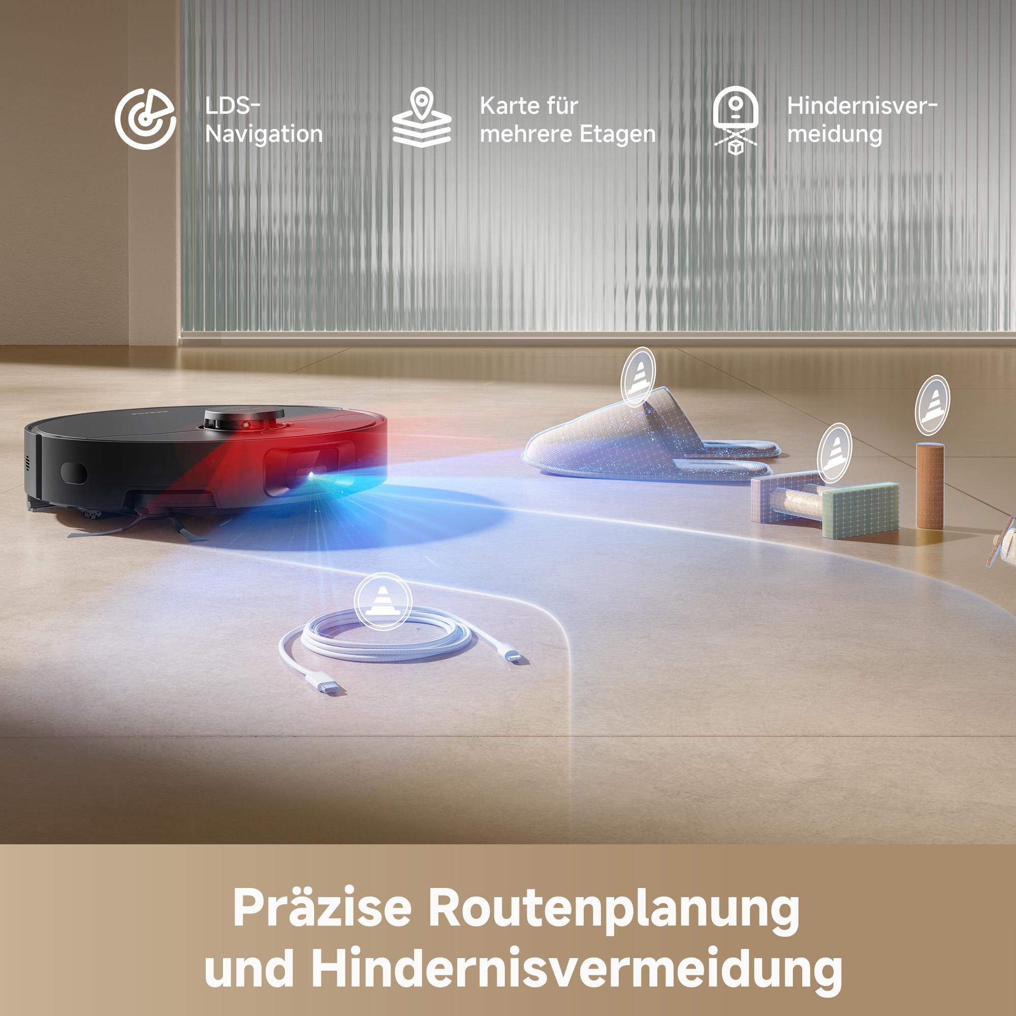 Ein schwarzer Roboter-Staubsauger mit roten und blauen Lichtern, der Hindernissen wie Hausschuhen ausweicht.