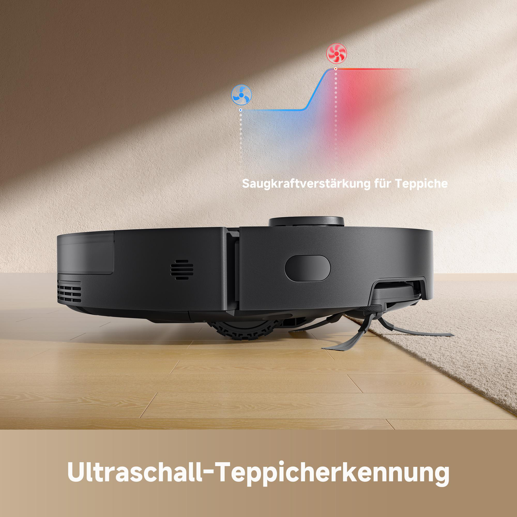 Ein schwarzer Roboter-Staubsauger auf Holzfußboden. Er hat Teppicherkennung und Saugkraftanzeige.