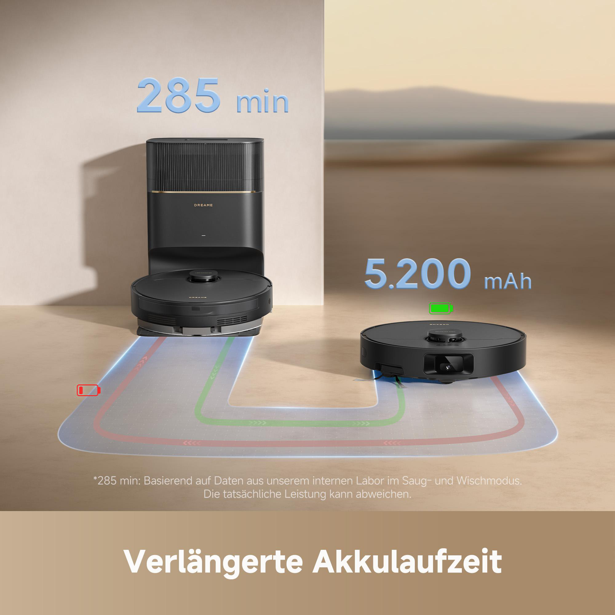 Das Bild zeigt einen Roboter-Staubsauger mit einer schwarzen Ladestation. Text zeigt 285 min Akkulaufzeit und 5.200 mAh.