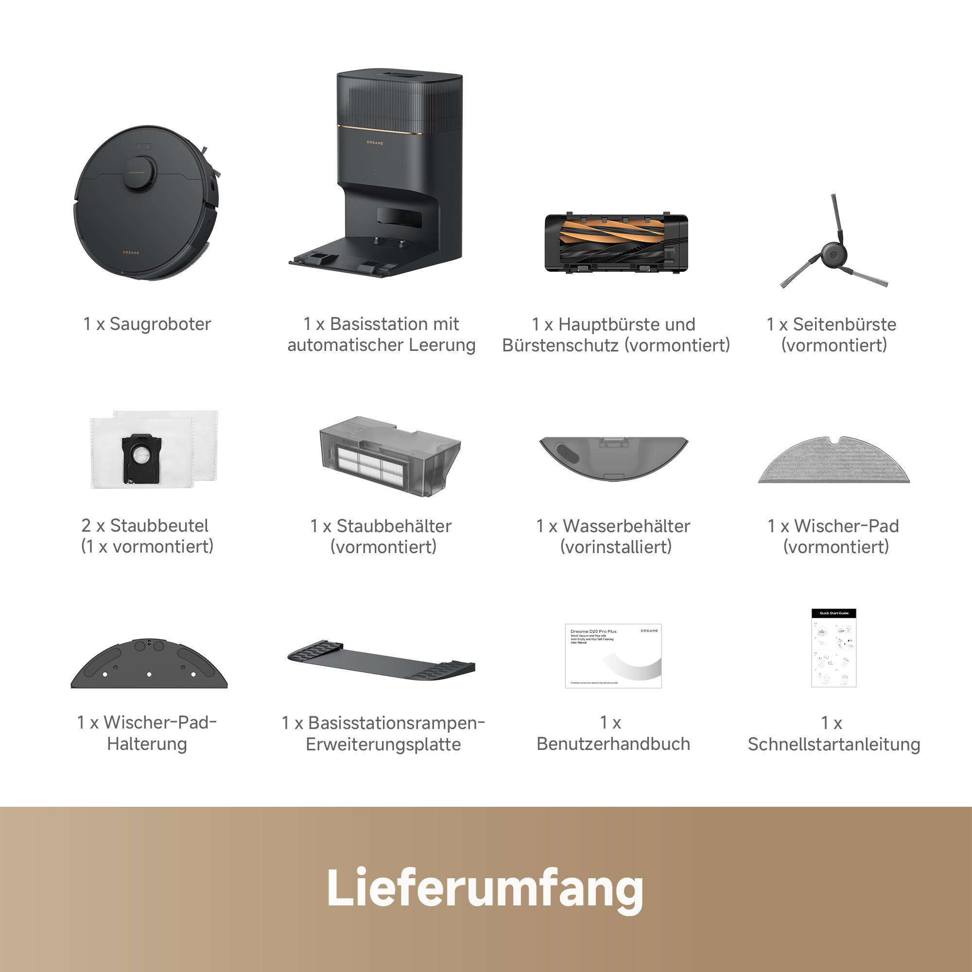 Das Bild zeigt Teile eines Roboterstaubsaugers: Staubsauger, Ladestation, Bürsten, Filter, Wassertank, Handbücher.