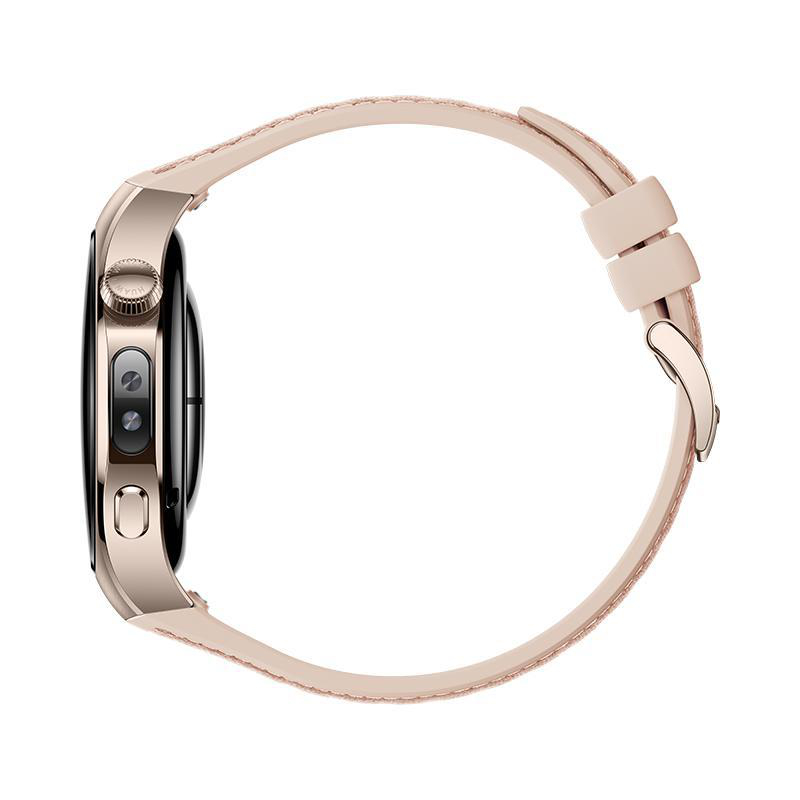 Seitenansicht einer Smartwatch mit roségoldenem Gehäuse und hellrosa Lederarmband. Der Hintergrund ist weiß.