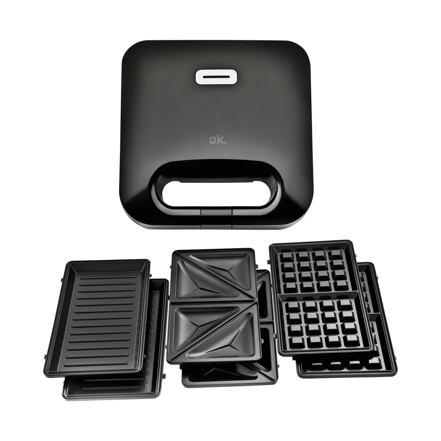 Sandwich maker nero ok. con diverse piastre rimovibili per diversi stili di cottura.