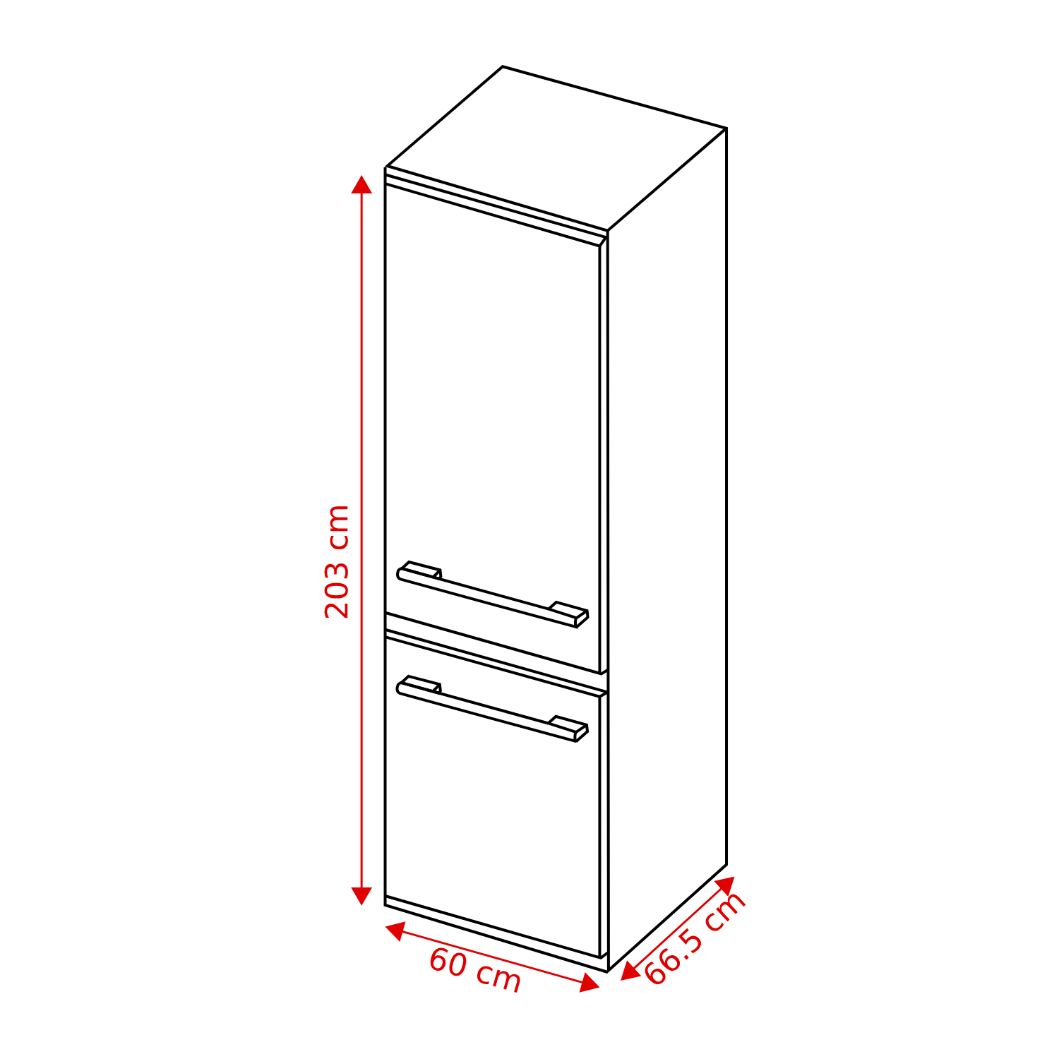 Isometrisch aanzicht van een witte koelkast met afmetingen: 203 cm hoog, 60 cm breed en 66,5 cm diep. Inclusief handgrepen en deurlijnen.