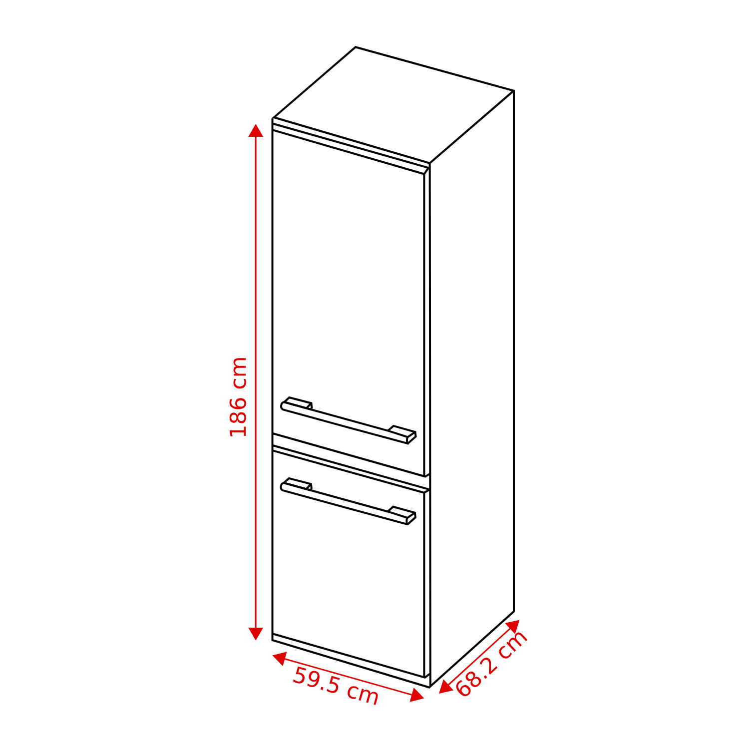 Diagramme noir et blanc d'un réfrigérateur. Les dimensions sont de 186 cm de hauteur, 59,5 cm de largeur et 68,2 cm de profondeur.