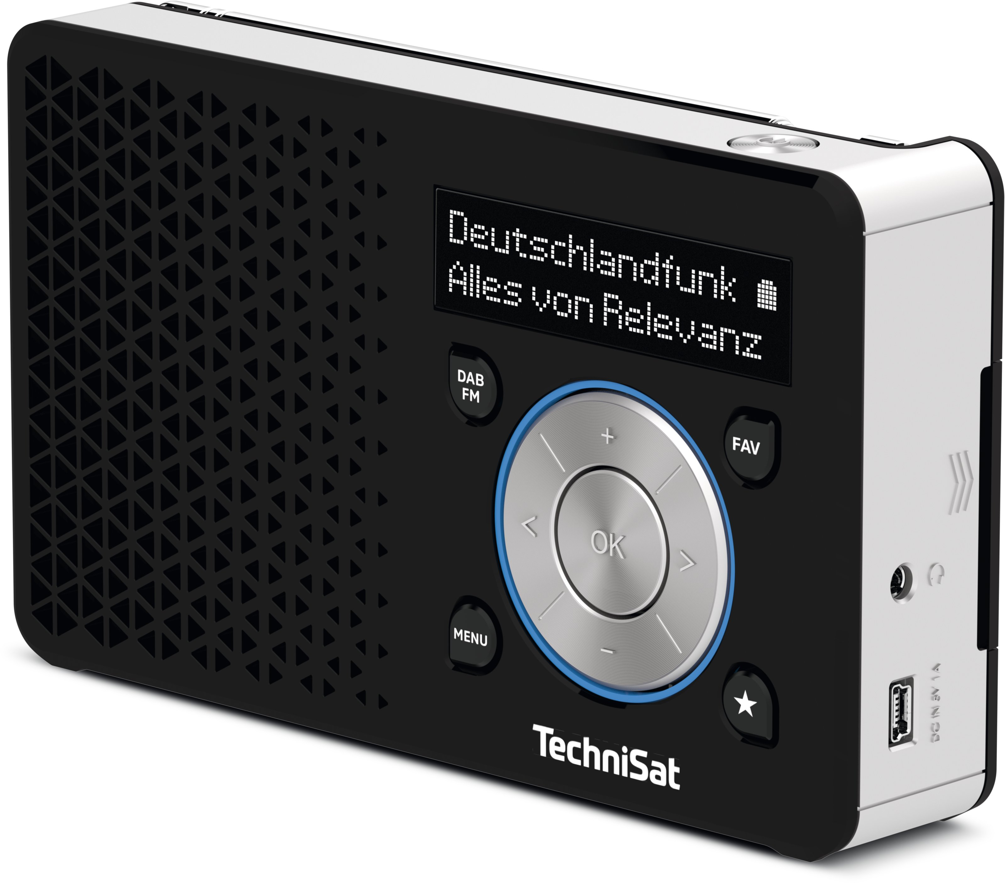 Schwarzes und weißes TechniSat-Radio mit Bildschirm, der 'Deutschlandfunk' anzeigt. Tasten sind DAB, FM und Menü.