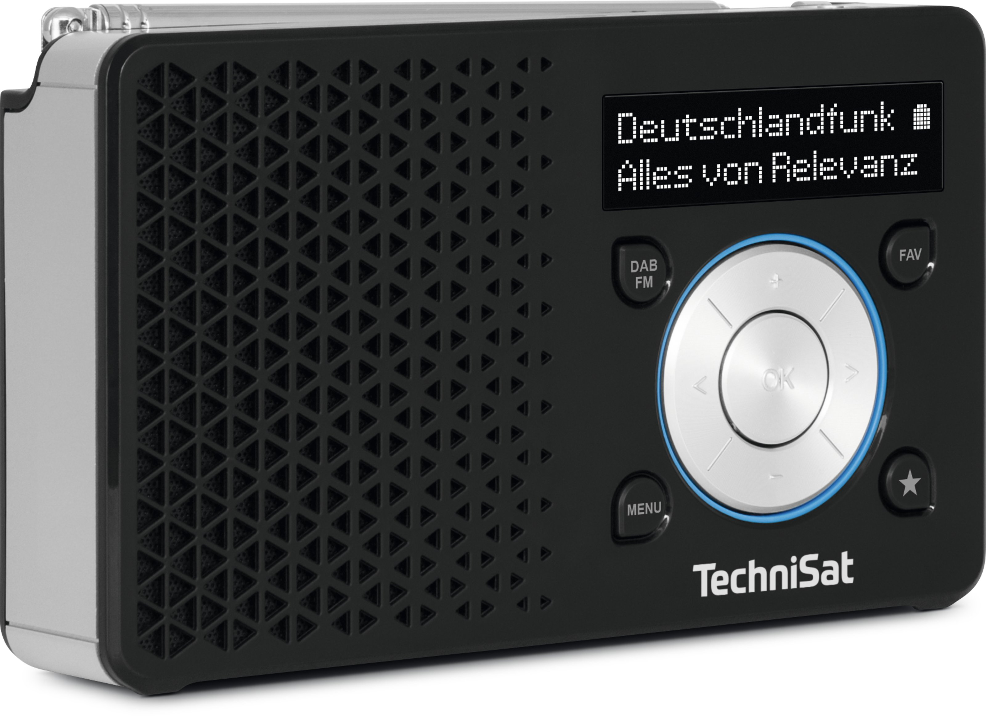 Schwarzes TechniSat-Radio mit silberner Einfassung, Display zeigt 'Deutschlandfunk'. Mit Knöpfen und zentralem Drehregler.