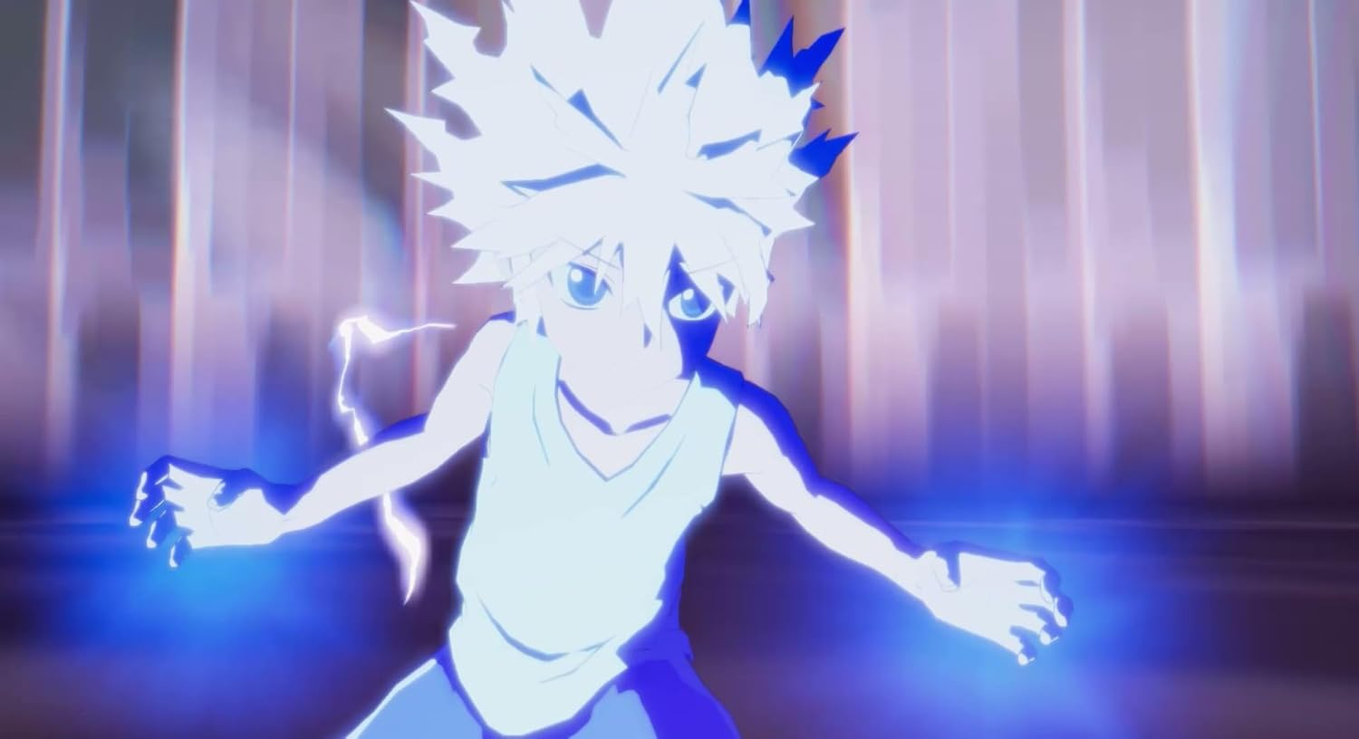 Personaje de anime con pelo blanco puntiagudo y ojos azules emitiendo energía azul. Viste una camisa azul claro, con una pose dinámica.