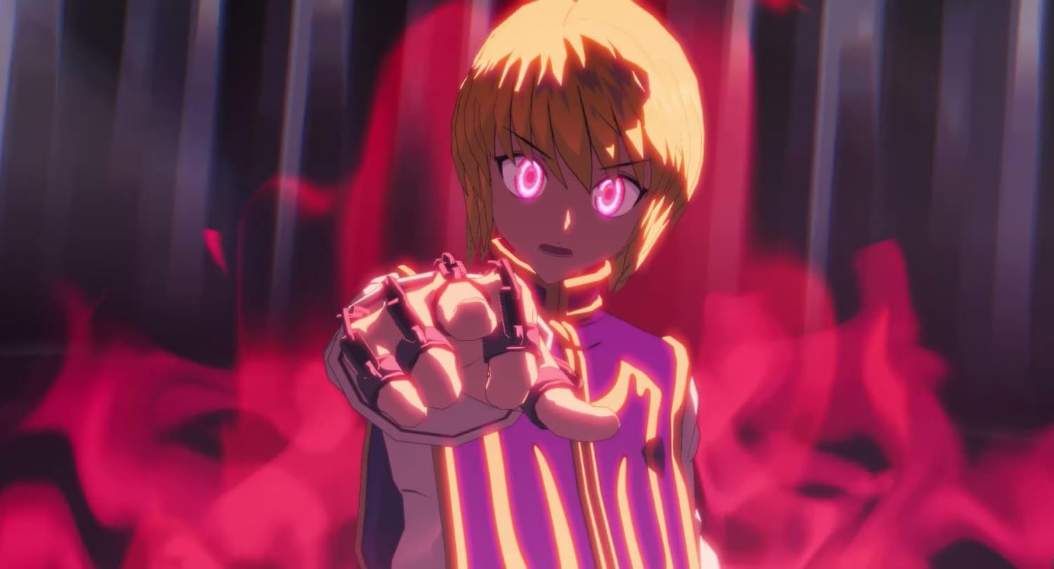Personaje de anime con cabello rubio y ojos rosas señala hacia adelante. Traje morado y dorado, energía roja en el fondo.