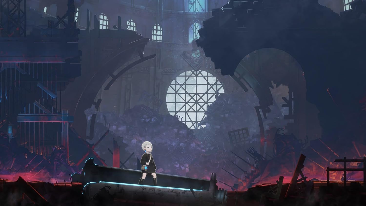 Un joven personaje camina sobre una plataforma en una ciudad en ruinas. El fondo tiene grandes arcos y una ventana redonda. La escena es oscura.