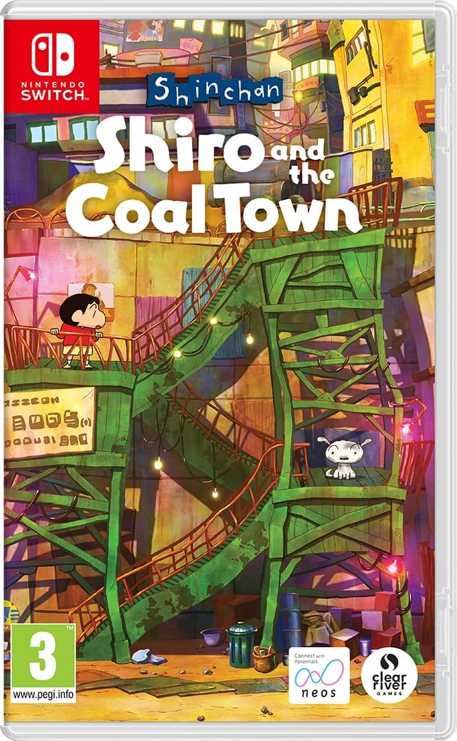 Portada del juego: Shinchan Shiro and the Coal Town. Presenta una estructura verde con Shinchan y Shiro. El fondo muestra una ciudad.