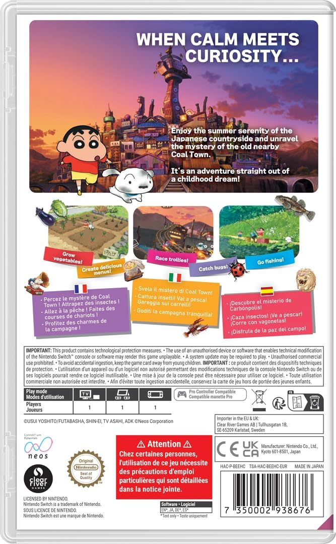 Parte trasera de la caja del juego. Personajes de dibujos animados cerca de una ciudad. Texto en varios idiomas. Incluye pesca, insectos y verduras.